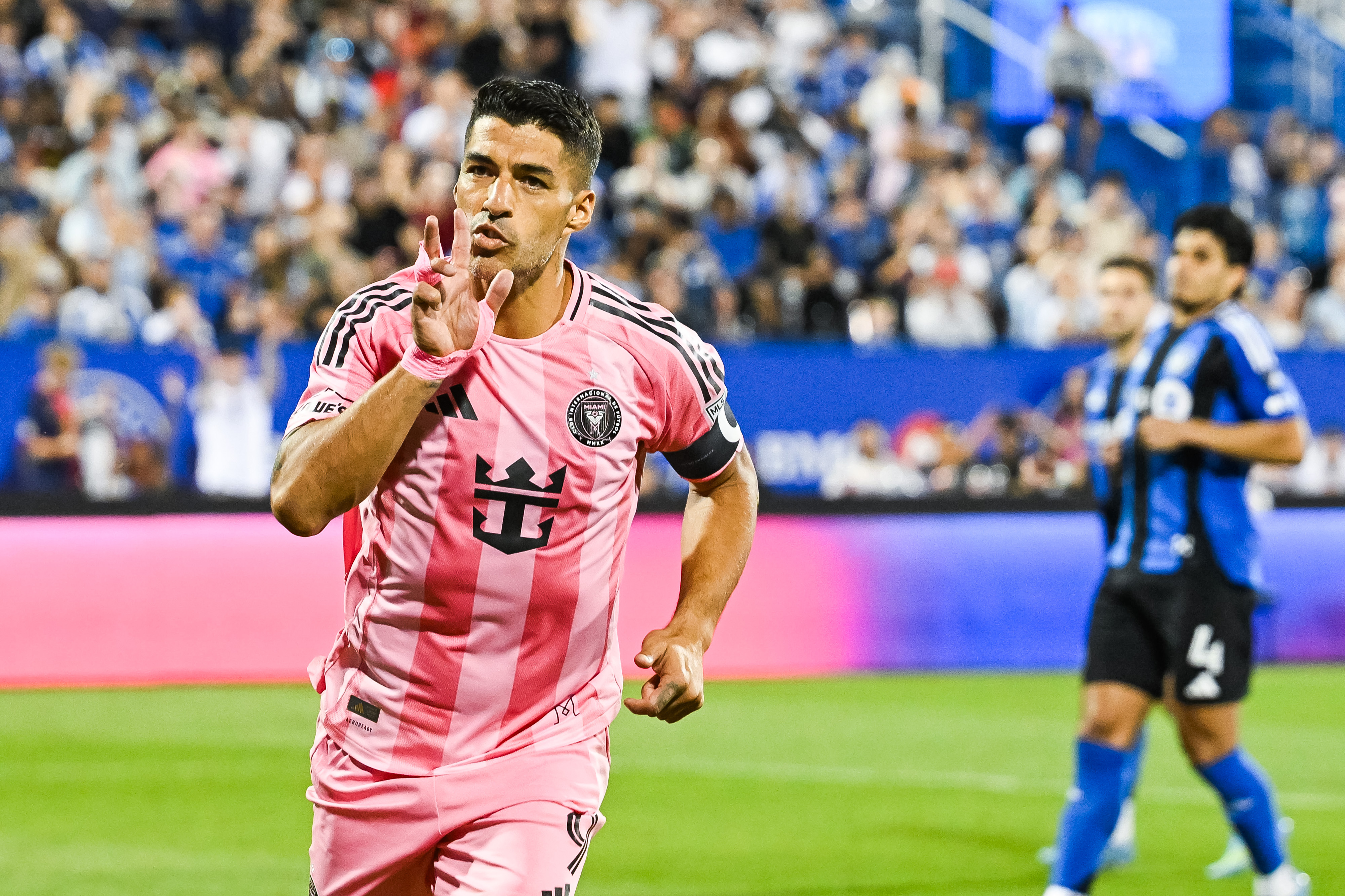 Inter Miami CF forward Luis Suarez (9) celebrates as we break down our Inter Miami vs. Columbus Crew prediction.