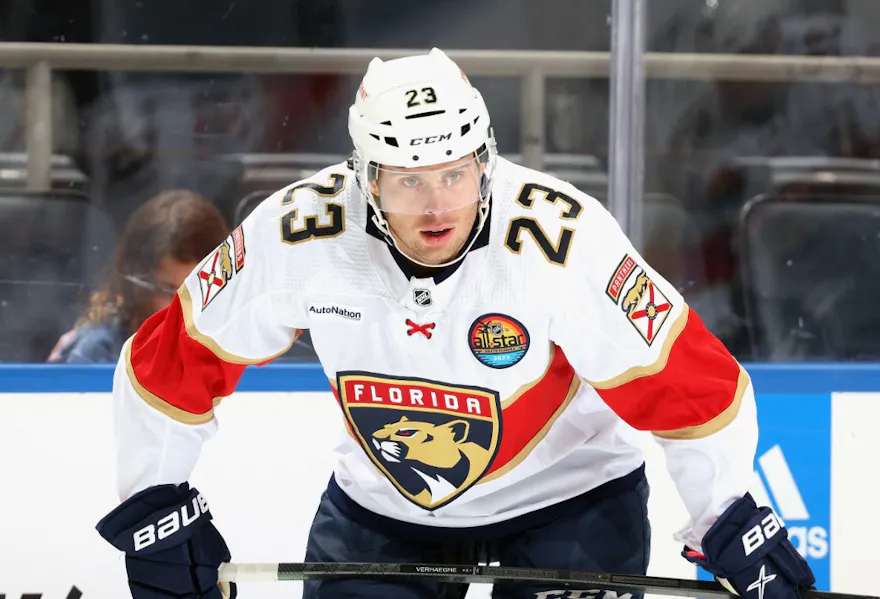 Florida Panthers winger Carter Verhaeghe during warm-up for a game against the New York Islanders.