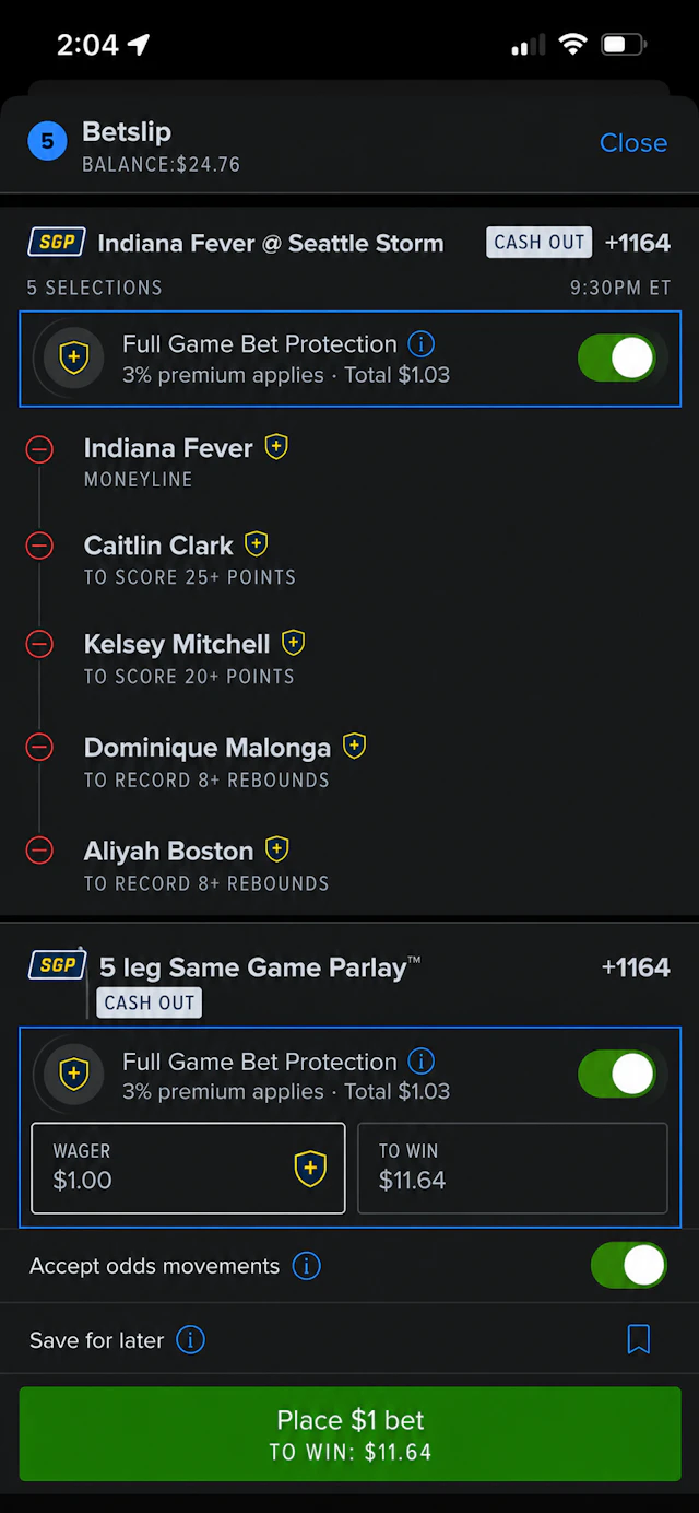 FanDuel Sportsbook screenshot with Full Game Bet Protection highlighted on betslip.