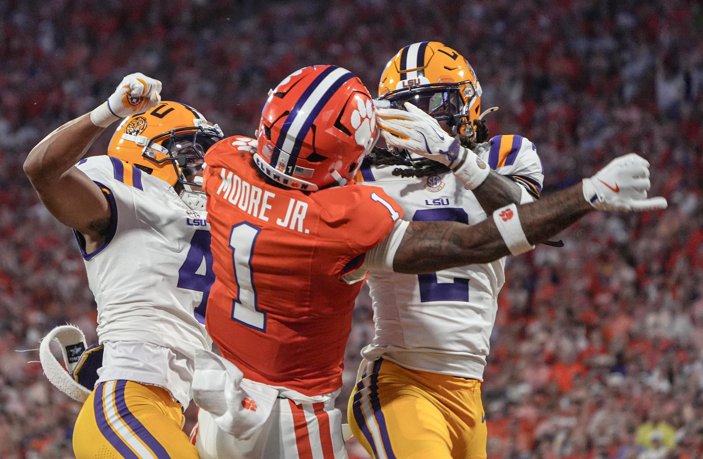 Clemson wide receiver TJ Moore in action as we break down our Clemson vs. LSU touchdown scorer prediction.
