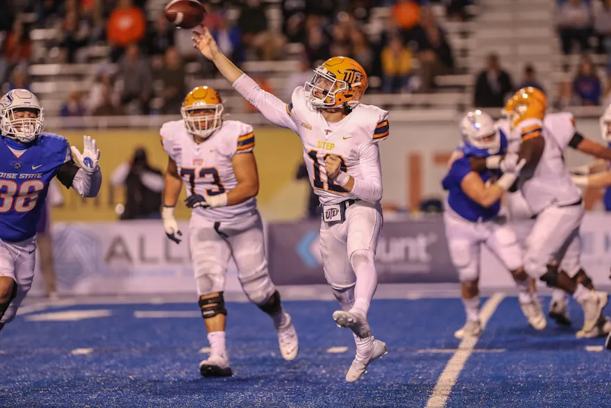 Quarterback Gavin Hardison of the UTEP Miners throws a pass as we share our top UTEP vs. FIU prediction for Week 7.
