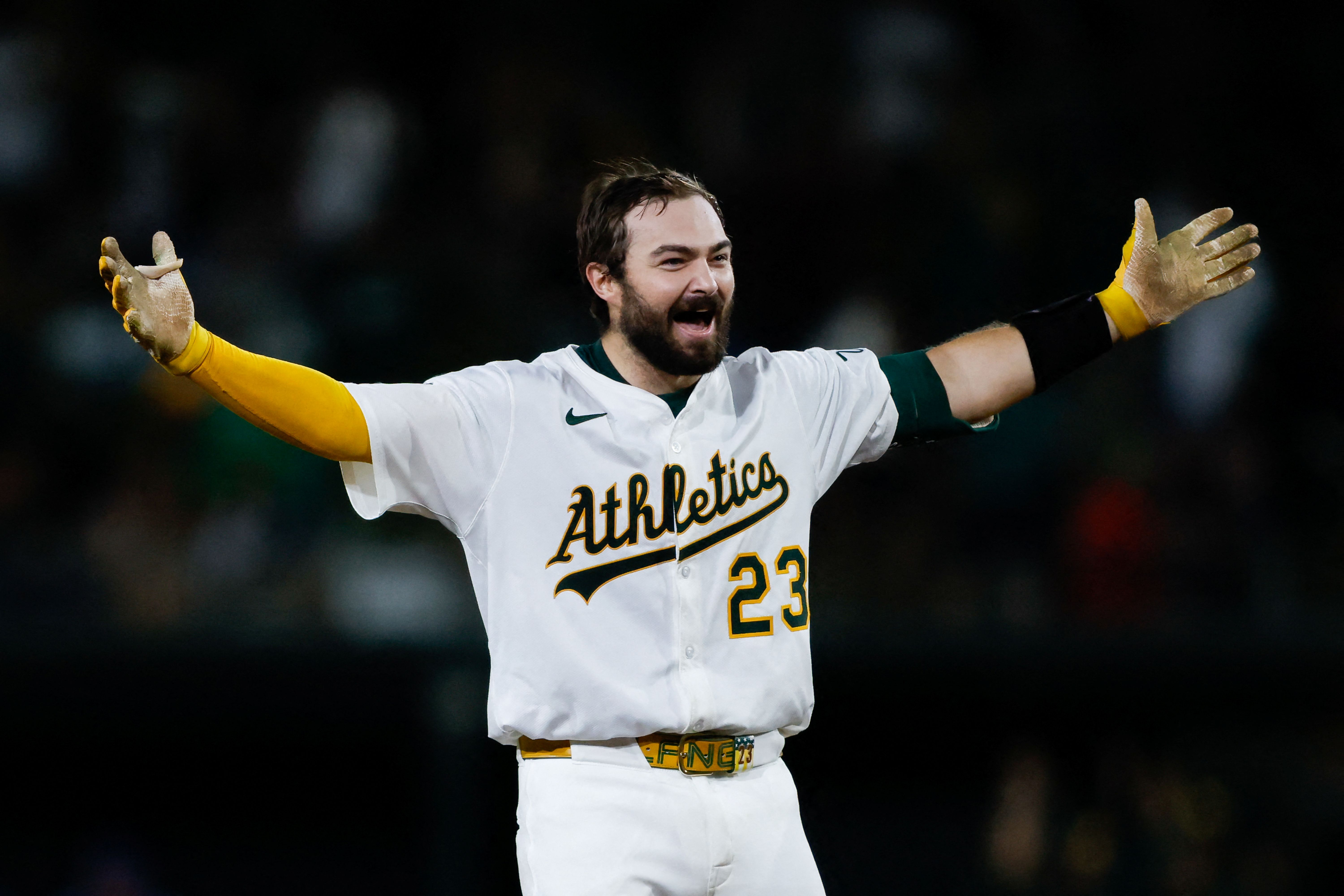 Athletics catcher Shea Langeliers celebrates after hitting a walk-off, and he's featured as we look at our home run predictions today.