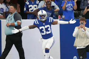 Indianapolis Colts cornerback Micah Abraham celebrates as we look at the Indiana sports betting financials for July 2024.