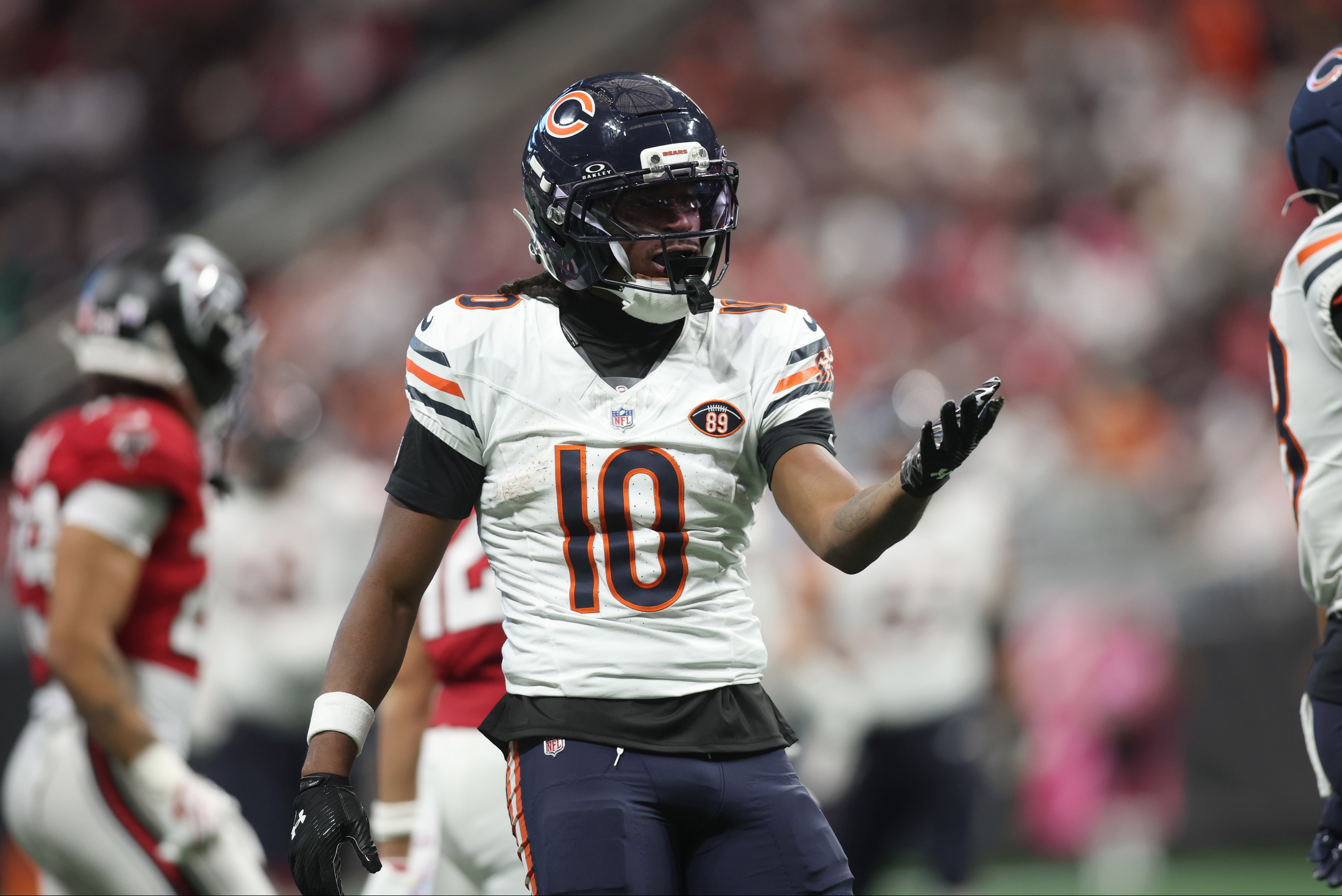 Chicago Bears wide receiver Luther Burden III (10) celebrates a catch as we offer our Patriots vs. Bears player props.