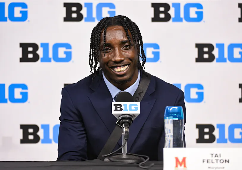 Maryland Terrapins wide receiver Tai Felton speaks to the media as we look at some FY2024 Maryland casino financials and sports betting financials for July 2024