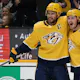 Roman Josi #59 and Gustav Nyquist #14 of the Nashville Predators celebrate a goal against the Ottawa Senators as we look at the most likely upsets in the first round of the 2024 Stanley Cup playoffs. 