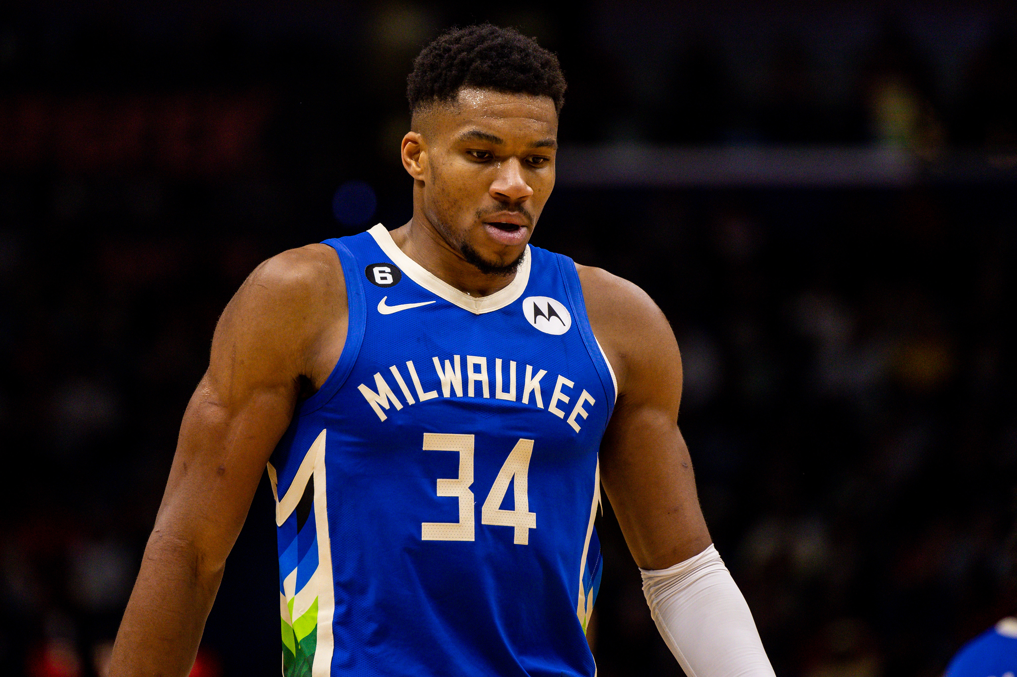 Milwaukee Bucks forward Giannis Antetokounmpo (34) looks on as we analyze the latest Giannis Antetokounmpo next team odds.