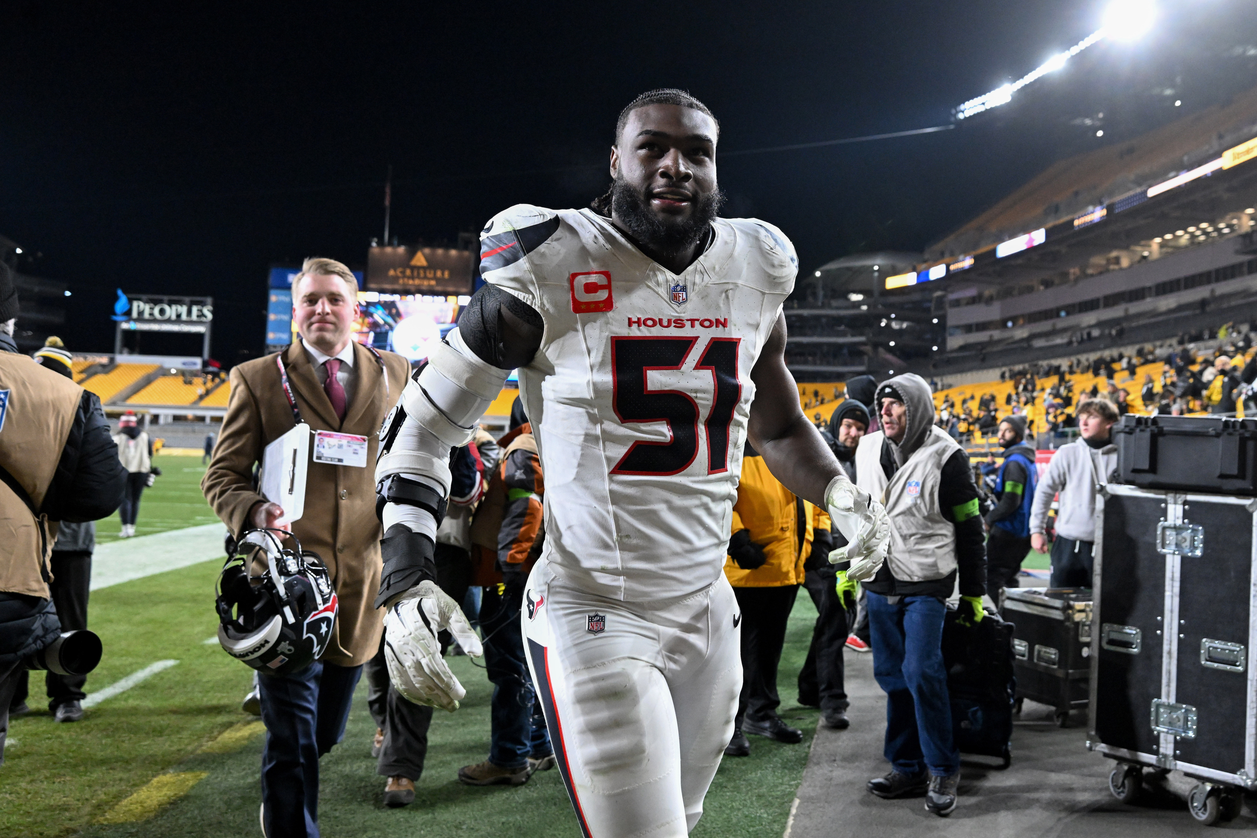 Houston Texans defensive end Will Anderson Jr. (51) leaves the field as we provide our NFL upset picks for the Divisional Round.