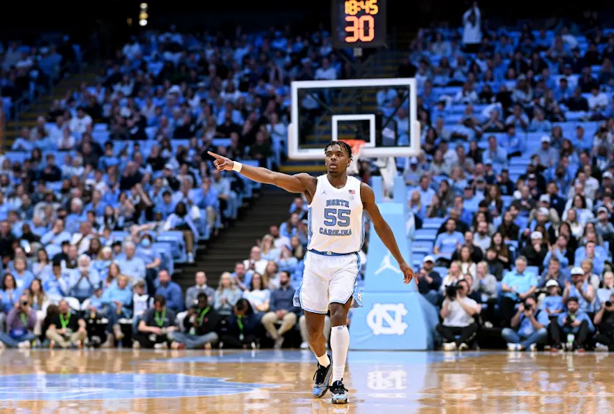 Harrison Ingram of the North Carolina Tar Heels gestures to the bench after a 3-point basket against the Charleston Southern Buccaneers, as we look at the latest 2024 ACC title odds.