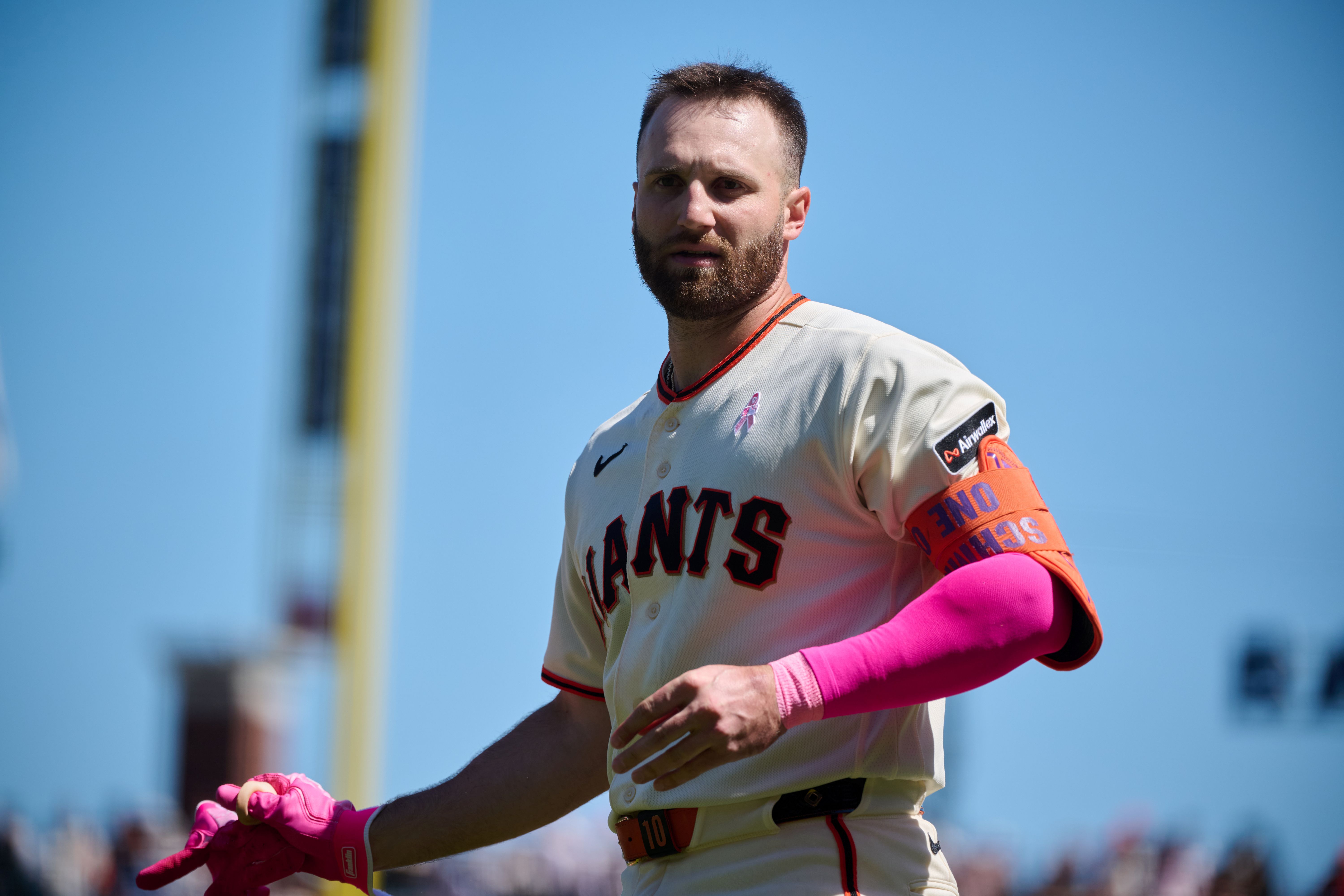 San Francisco Giants infielder Casey Schmitt (10), seen here reacting during a game, is featured in our home run predictions tonight.