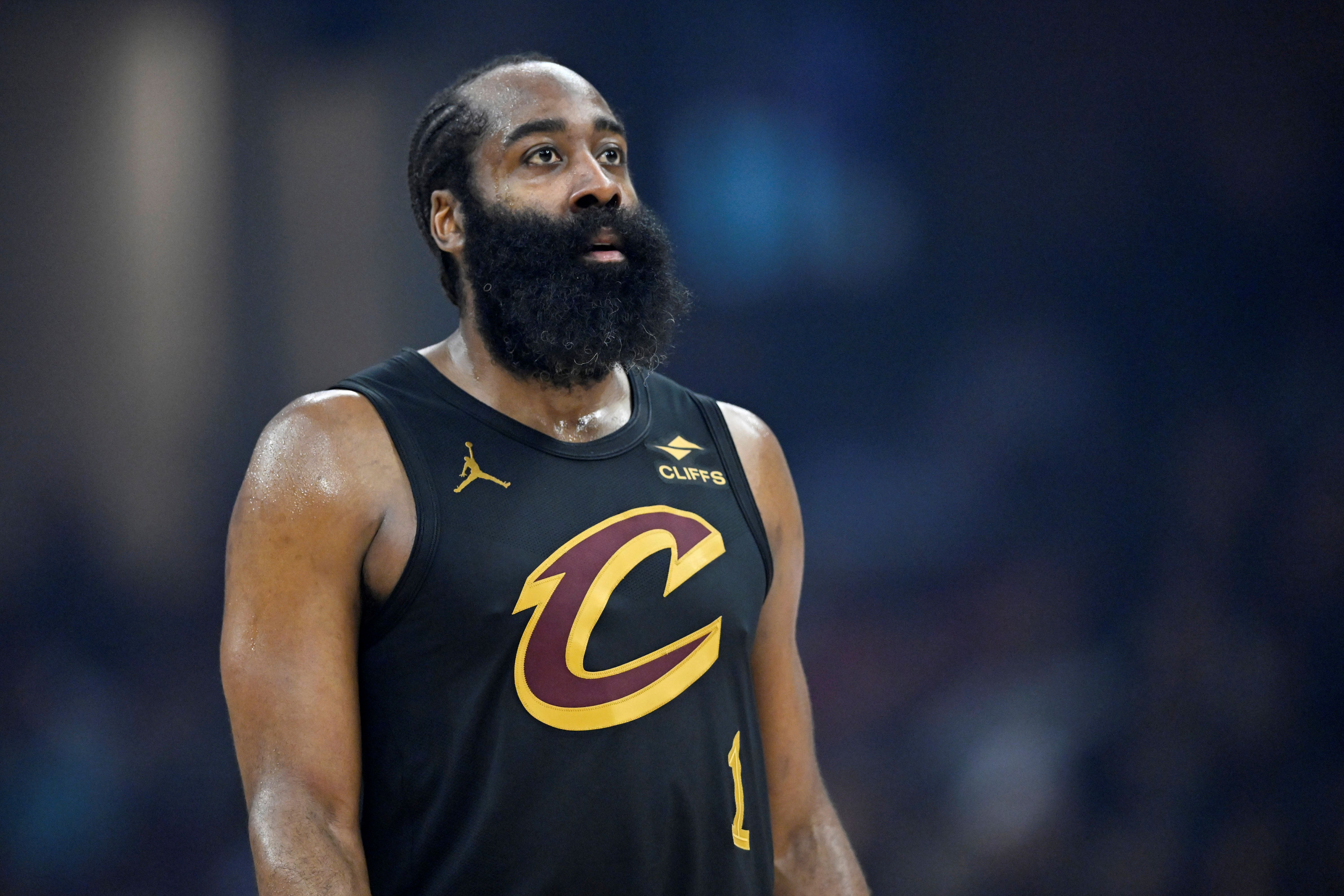 Cleveland Cavaliers guard James Harden (1), seen here standing on the court, is featured in our Cavaliers vs. Magic player props today.