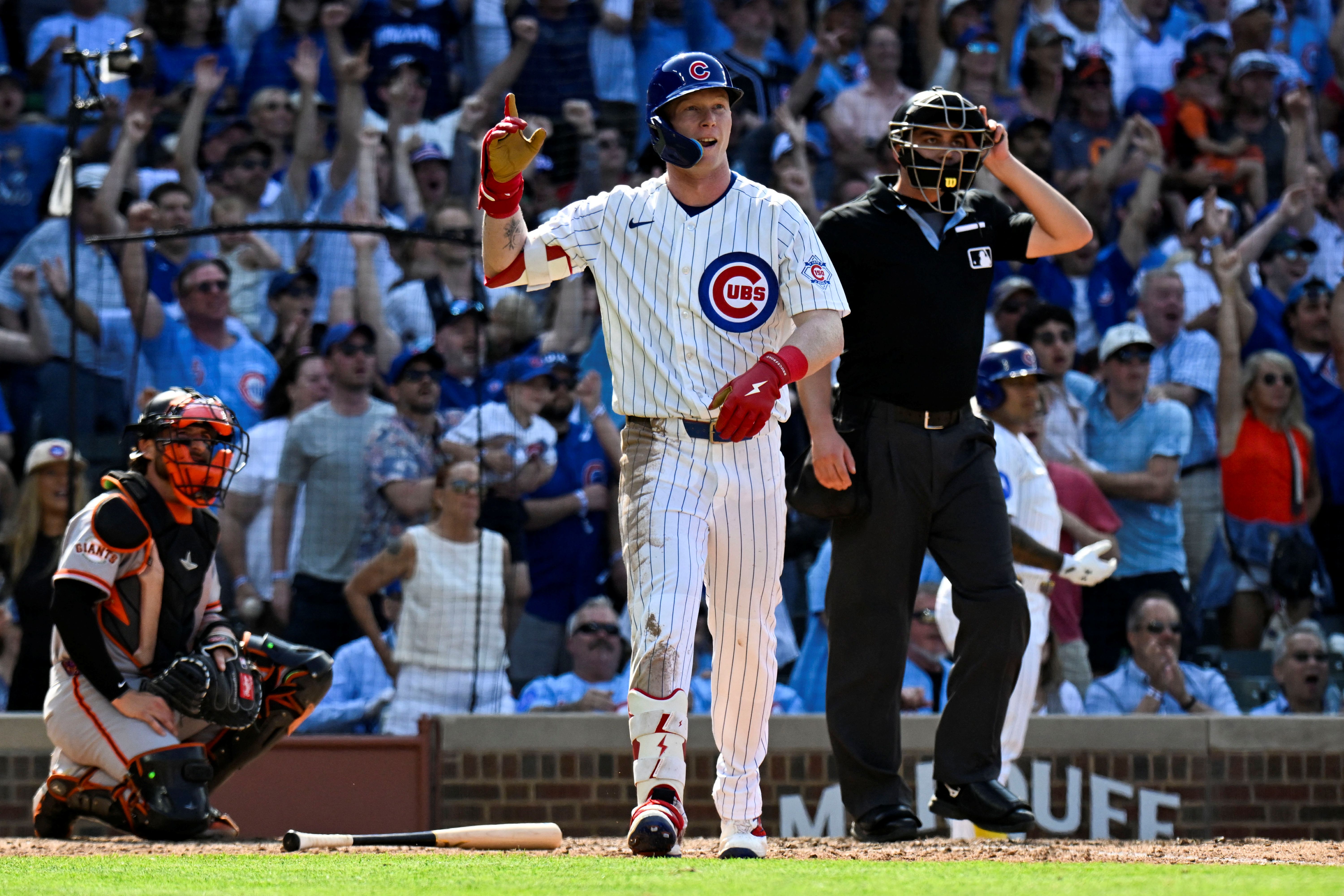Chicago Cubs center fielder Pete Crow-Armstrong after he hits a home run, and he's key to the Giants vs. Cubs win probability.