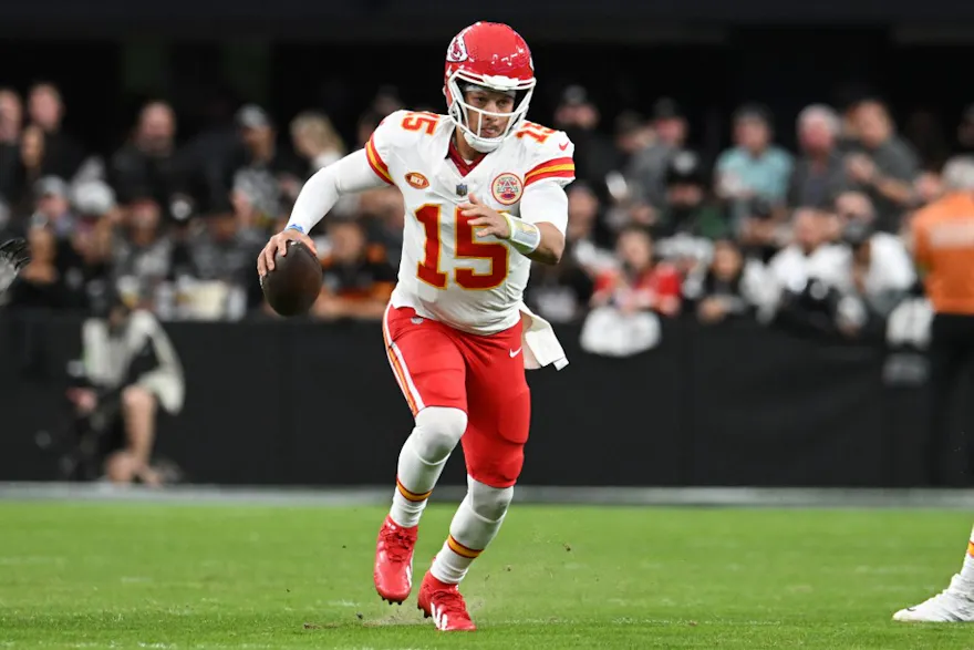 Patrick Mahomes #15 of the Kansas City Chiefs runs with the ball as we make our Chiefs vs. Packers parlay