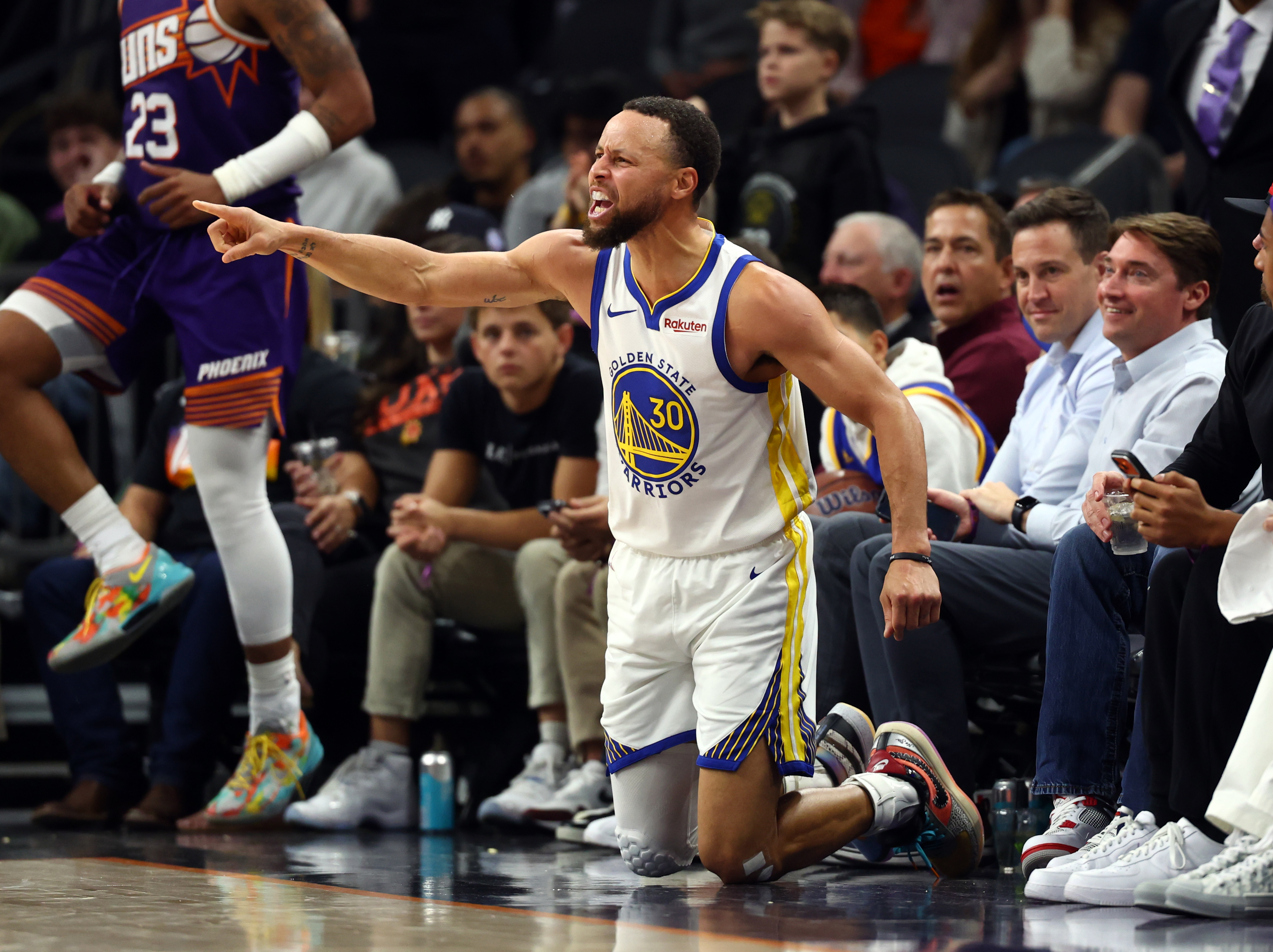 Golden State Warriors guard Stephen Curry (30), seen here reacting after being fouled, leads our NBA player props tonight.
