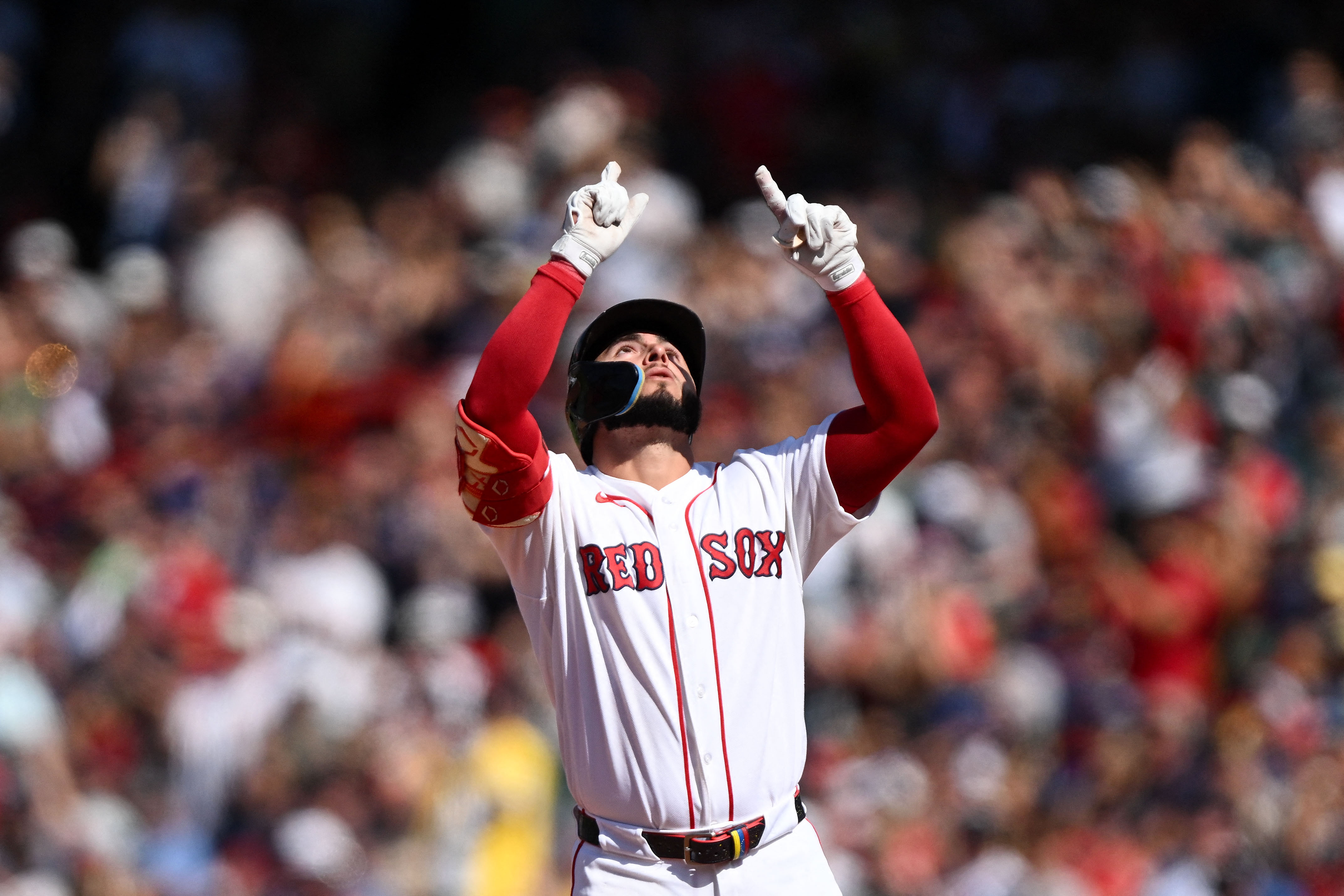 Boston Red Sox outfielder Wilyer Abreu (52) celebrates as we break down our Red Sox vs. Dodgers prediction.
