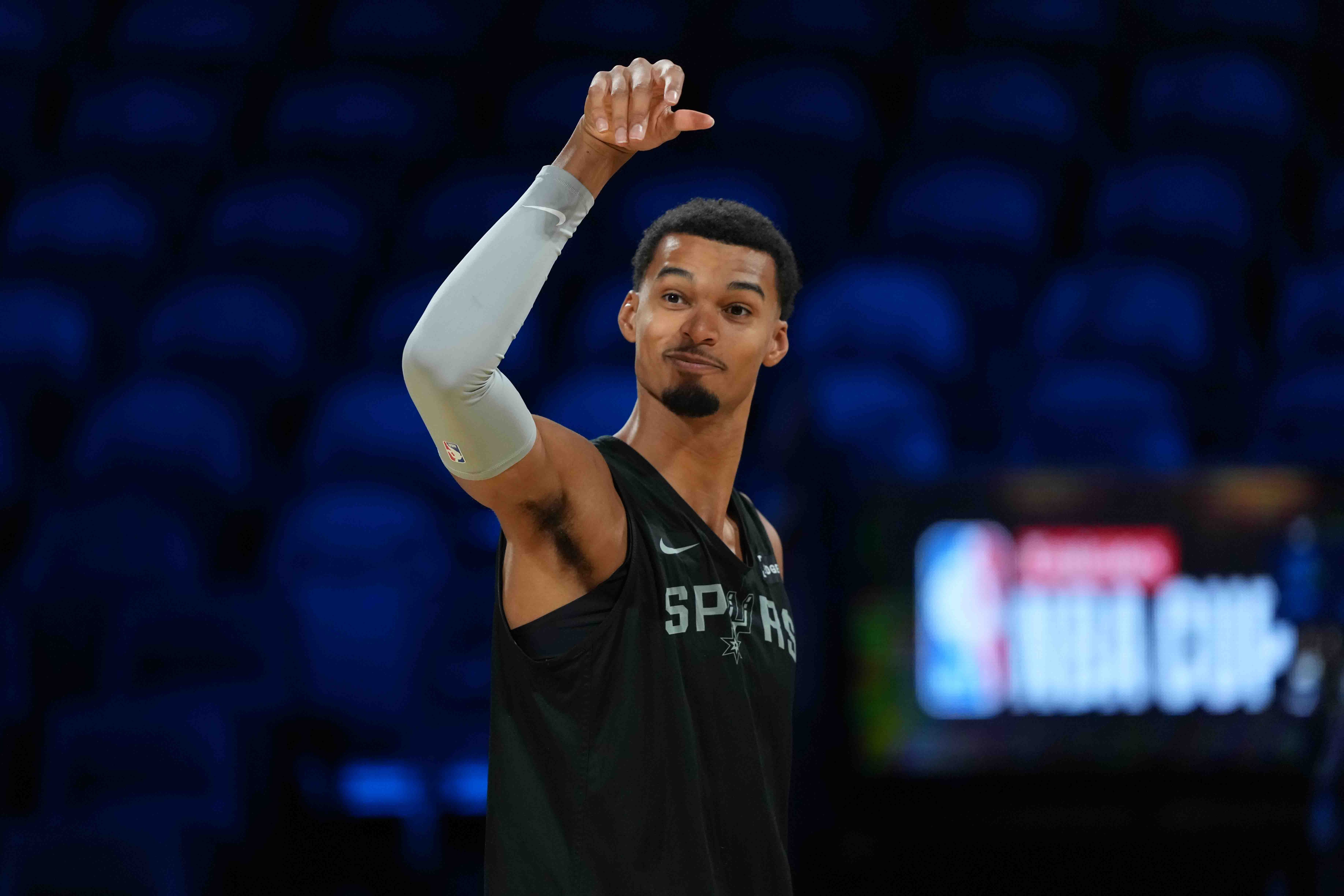 San Antonio Spurs forward Victor Wembanyama (1) during practice prior to the Emirates NBA Cup championship as part of our Spurs vs. Knicks same-game parlay for NBA Cup Final.