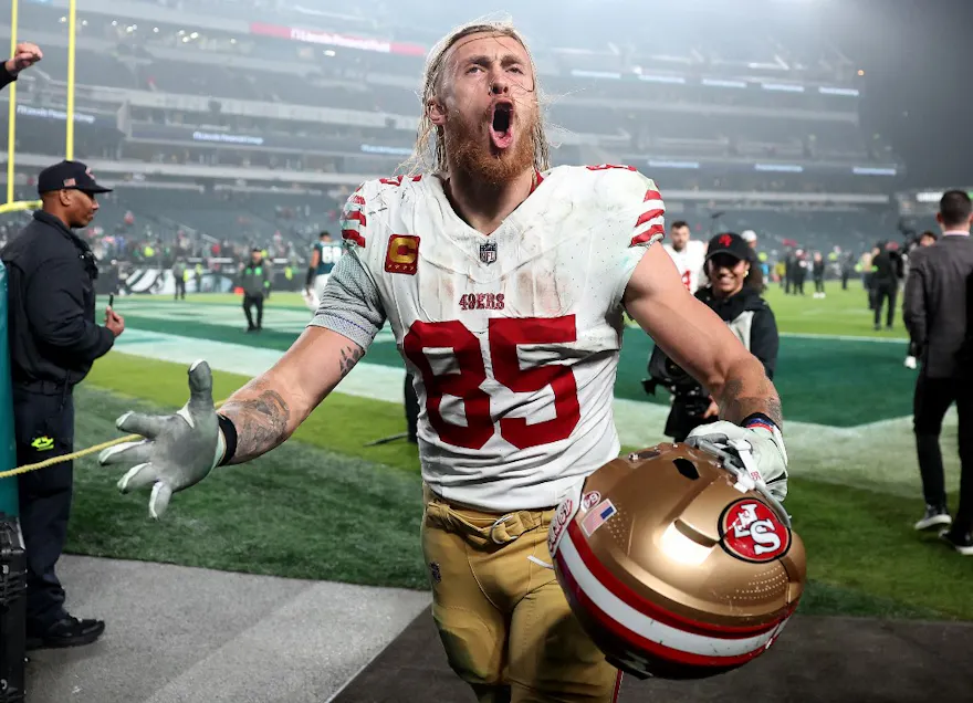 George Kittle of the San Francisco 49ers celebrates a win over the Philadelphia Eagles as we look at our George Kittle Super Bowl player prop picks.