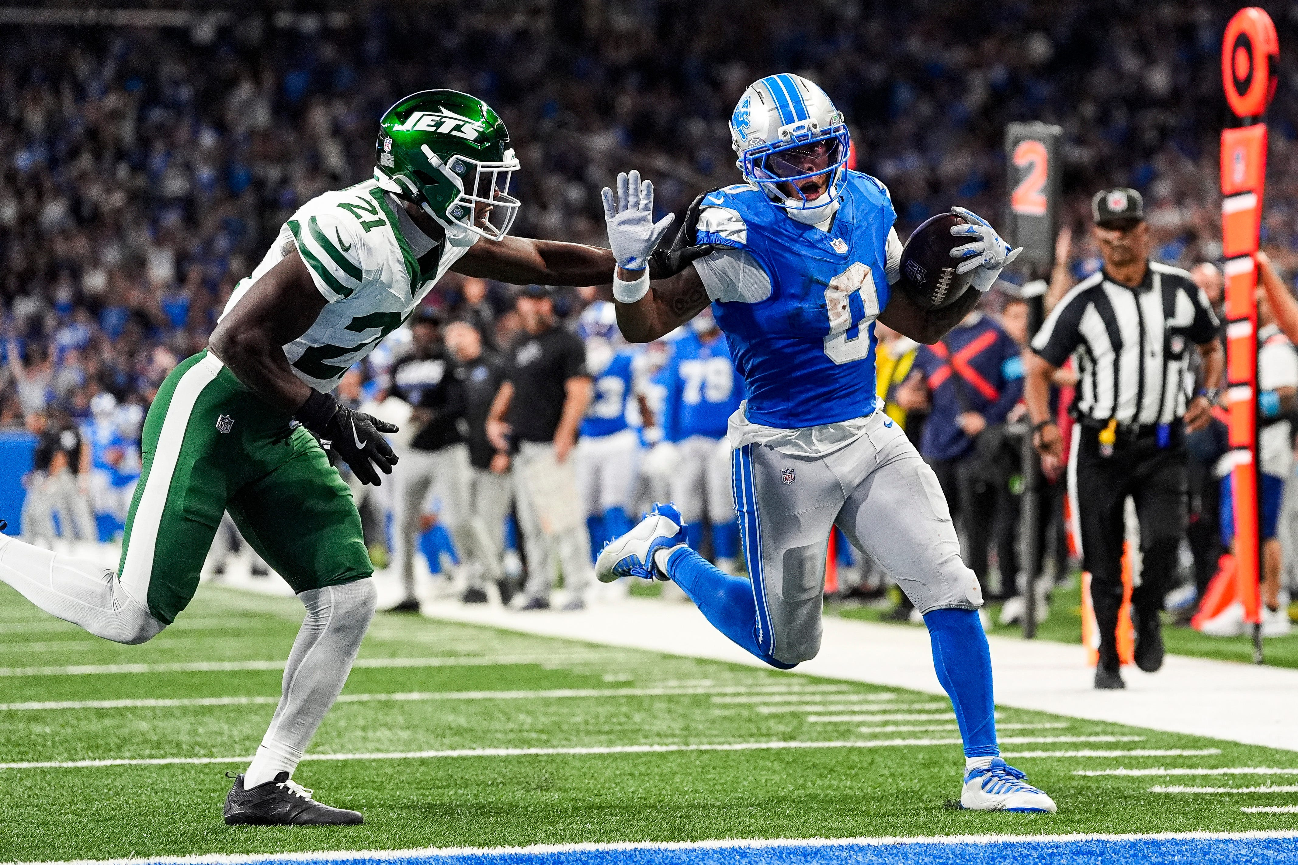 Pictured: Detroit running back Jahmyr Gibbs in action as we break down our Lions vs. Panthers Same-Game Parlay. Photo by USA TODAY Network via Reuters Connect.