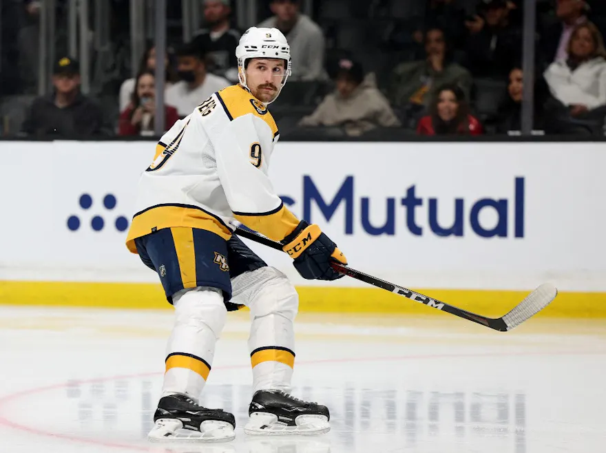 Filip Forsberg of the Nashville Predators looks for a pass during a 6-1 Los Angeles Kings win at Crypto.com Arena on March 22, 2022 in Los Angeles, California.