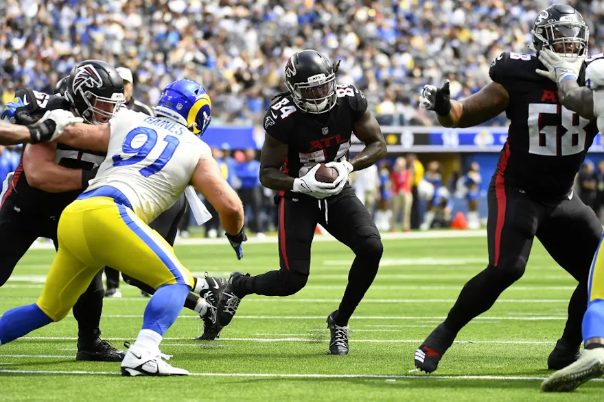 Cordarrelle Patterson of the Atlanta Falcons rushes against the Los Angeles Rams at SoFi Stadium on Sept. 18, 2022 in Inglewood, California.