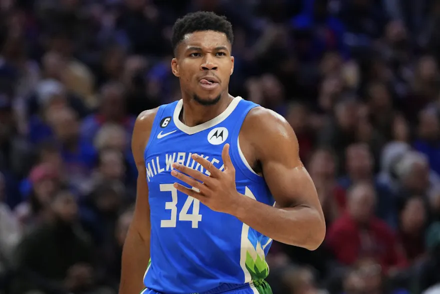 Giannis Antetokounmpo of the Milwaukee Bucks reacts after committing a foul against the Philadelphia 76ers, and we offer our top Celtics vs. Bucks prediction based on the best NBA odds.