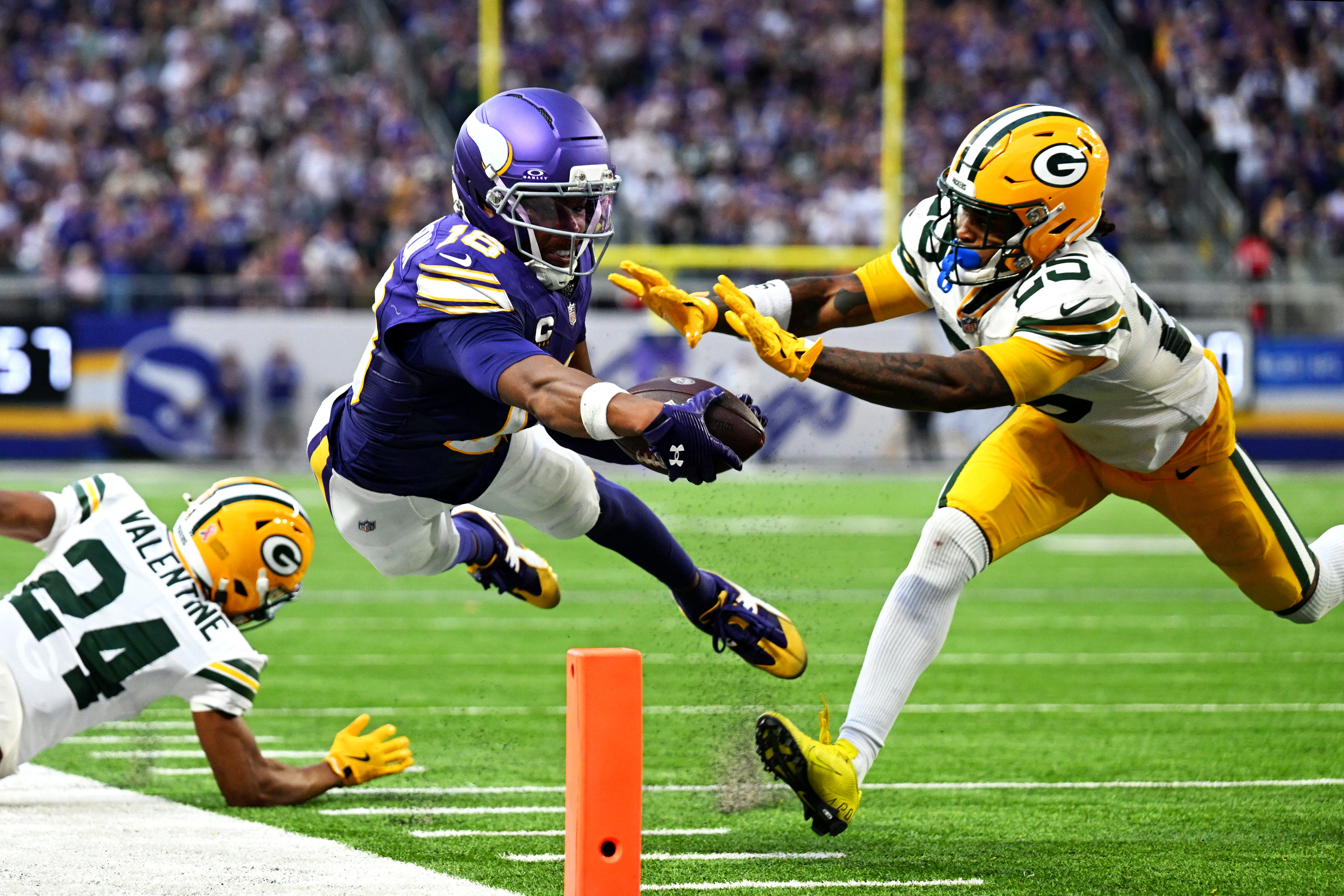 Pictured: Justin Jefferson in action as we break down our Vikings vs. Saints Prediction. Photo by Jeffrey Becker-Imagn Images.