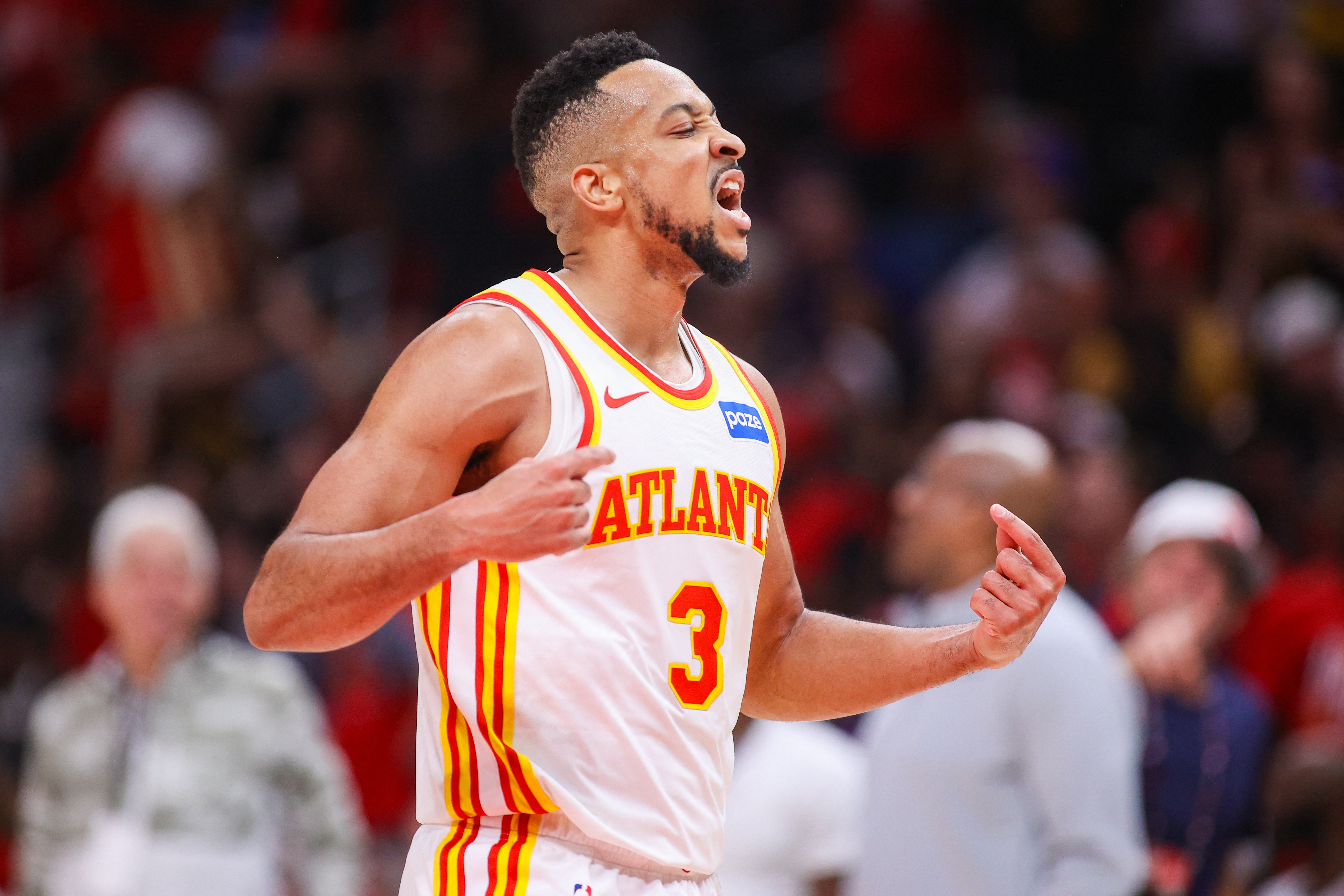 Atlanta Hawks guard CJ McCollum (3) reacts as we break down our Hawks vs. Knicks player props tonight.