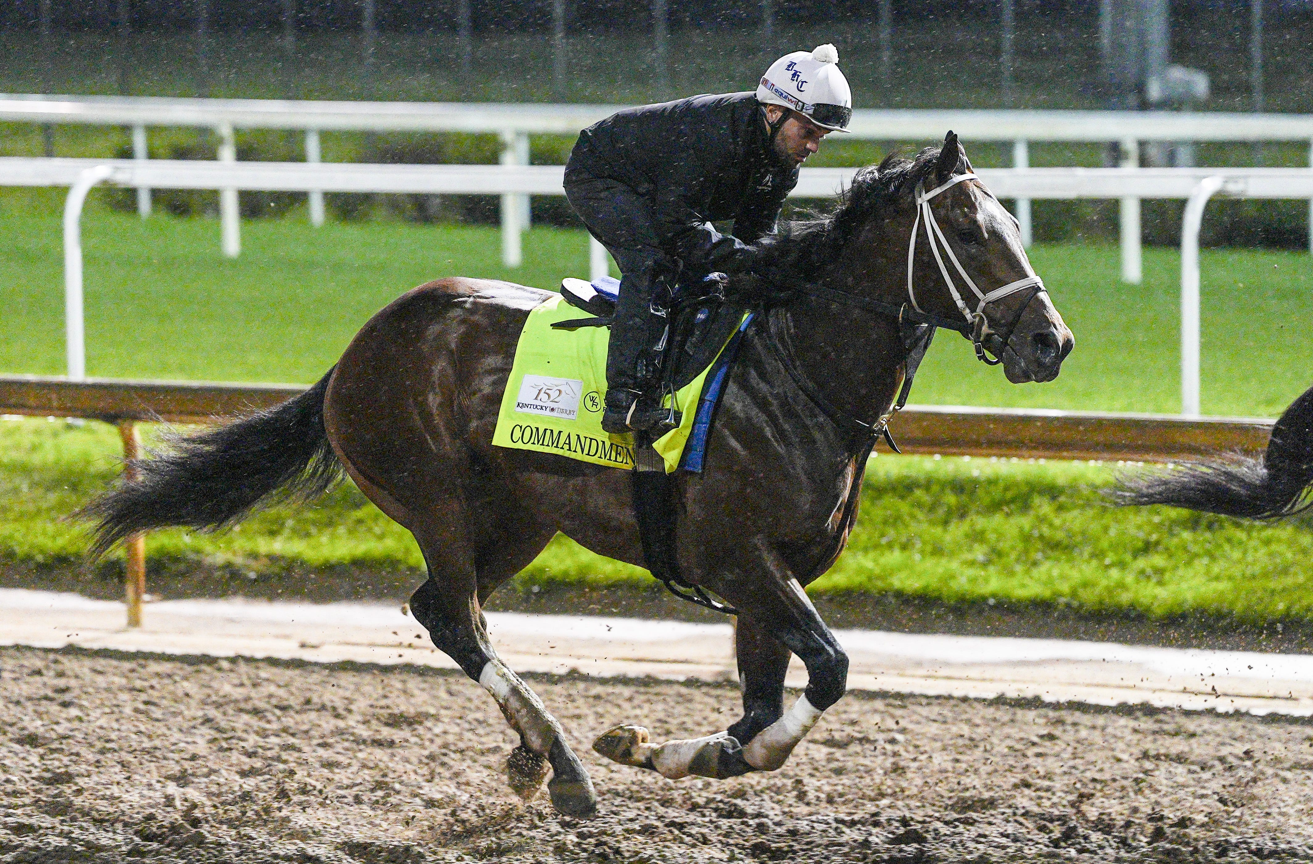2026 Kentucky Derby horse Commandment with exercise rider Edvin Vargas trains early on the track during Kentucky Derby week at Churchill Downs. Trainer is Brad Cox. 