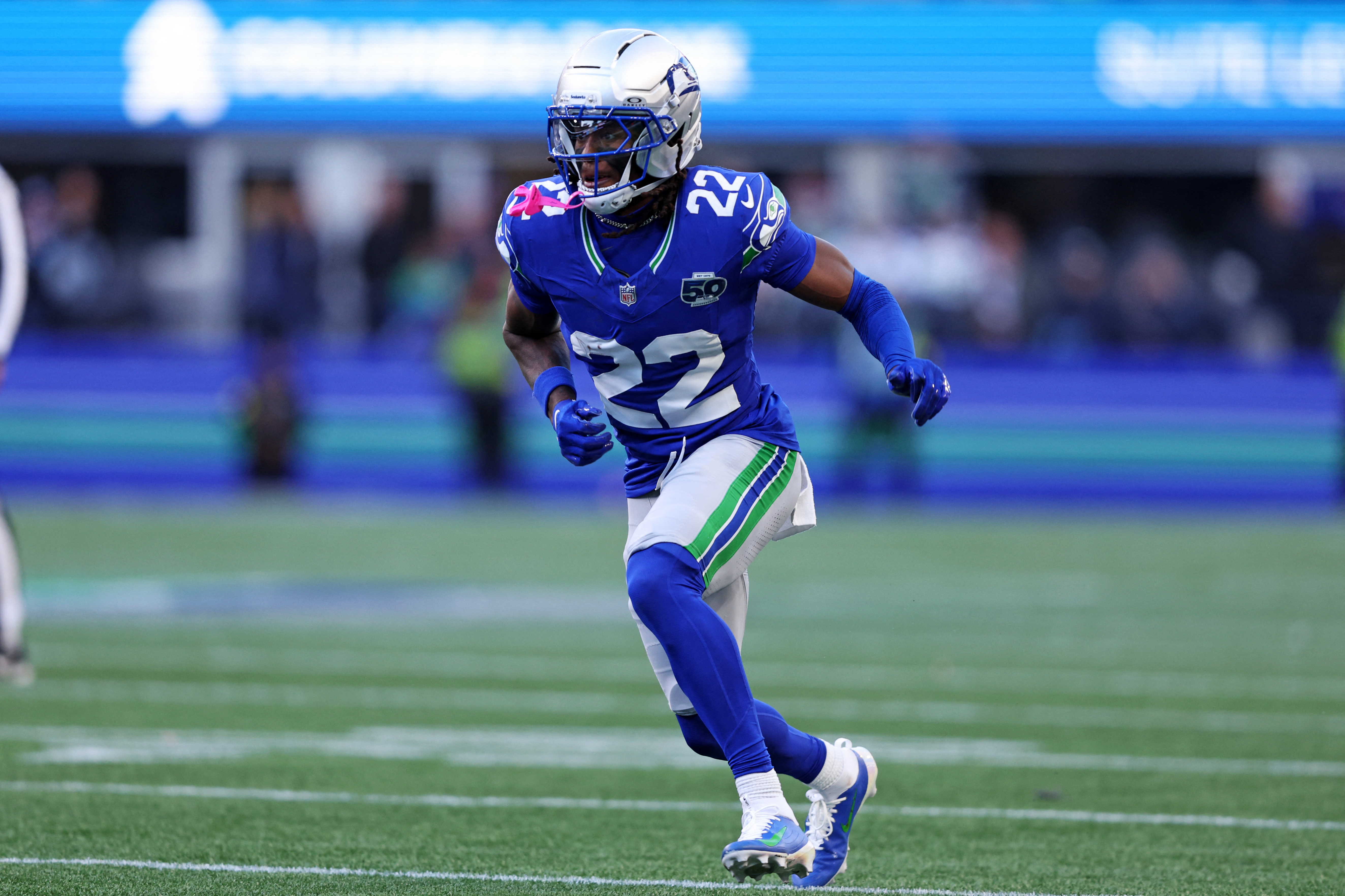 Seattle Seahawks wide receiver Rashid Shaheed (22) runs during the second half as we break down our 2026 Super Bowl odds.
