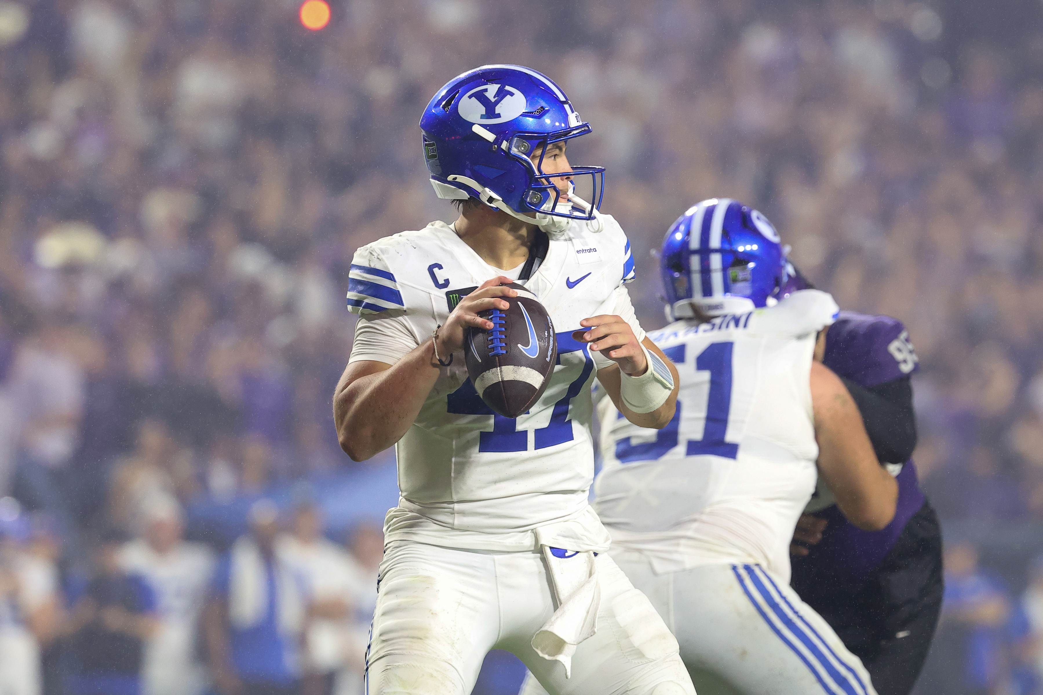 Pictured: Cougars quarterback Bear Bachmeier (47) scans the field as we break down our Iowa State vs. BYU Prediction. Photo by Freddie Beckwith/Cal Sport Media/Sipa USA.