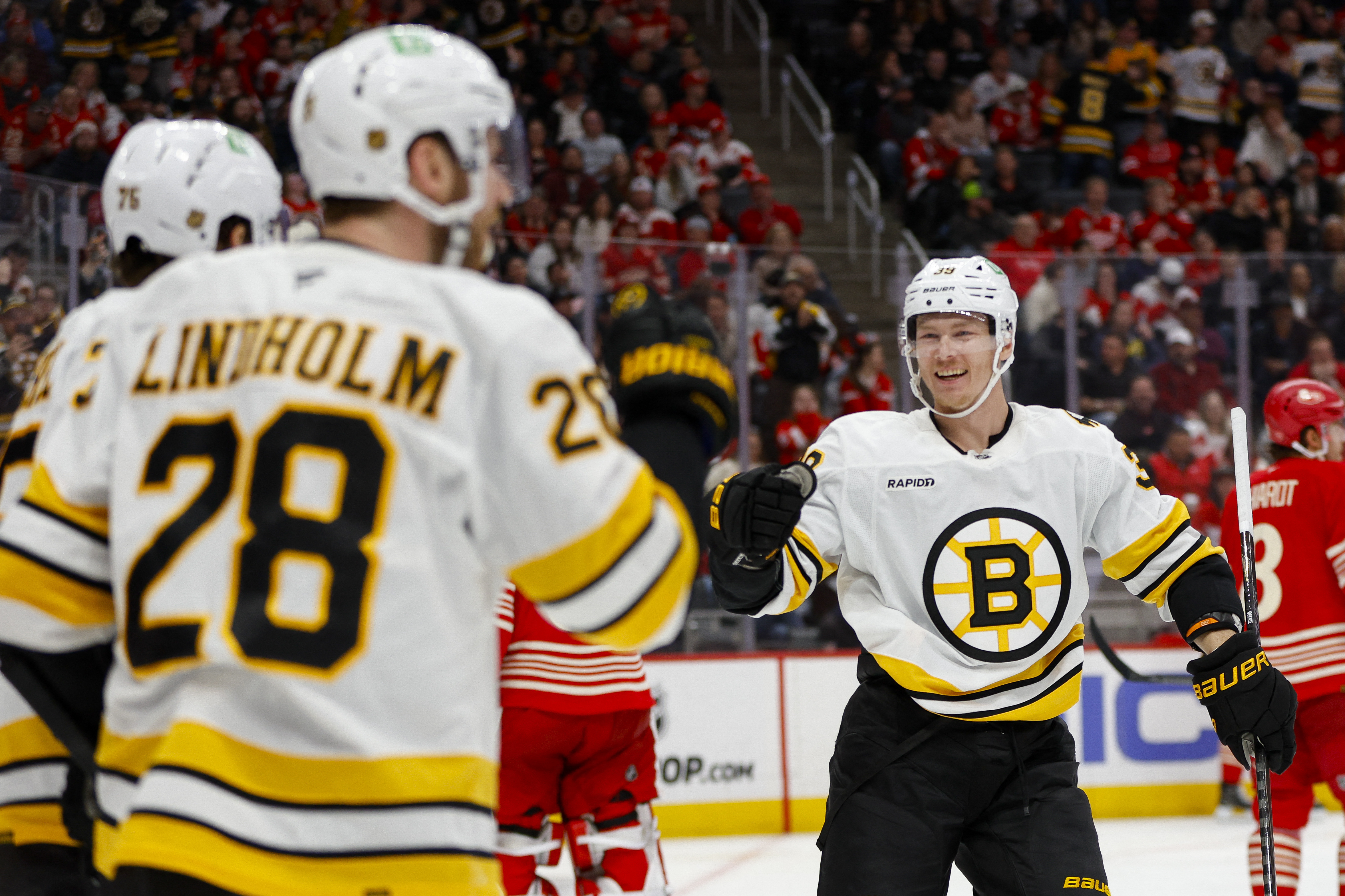 Morgan Geekie celebrates with center Elias Lindholm as we offer our Bruins vs. Sabres prediction and odds.