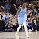 Jaren Jackson Jr. of the Memphis Grizzlies celebrates a basket against the Golden State Warriors during the second quarter in Game 5 of the 2022 NBA Playoffs Western Conference Semifinals.