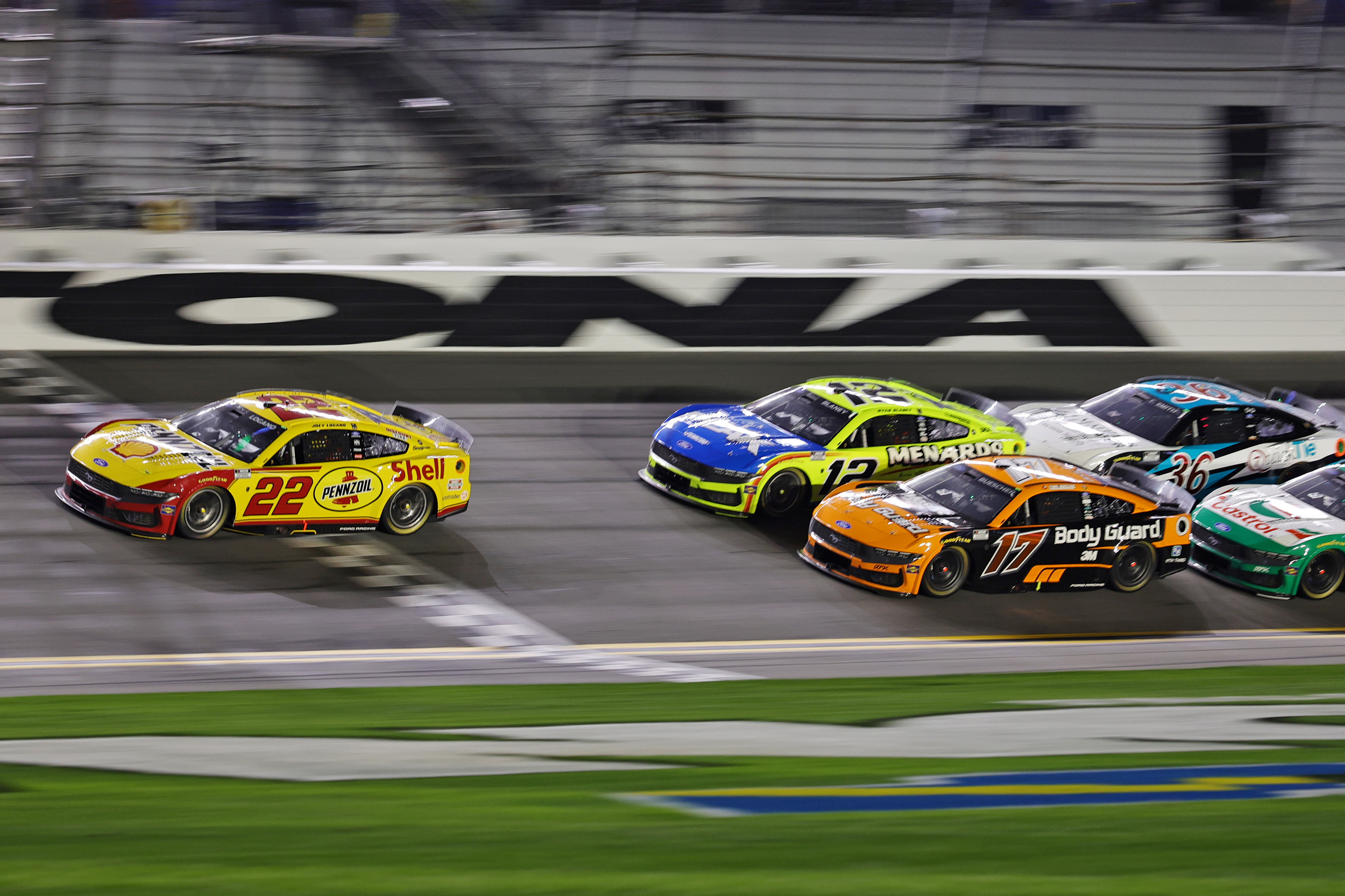 Driver Joey Logano (22), who leads our Daytona 500 predictions, takes the lead during the Duel 1 at Daytona at Daytona International Speedway.
