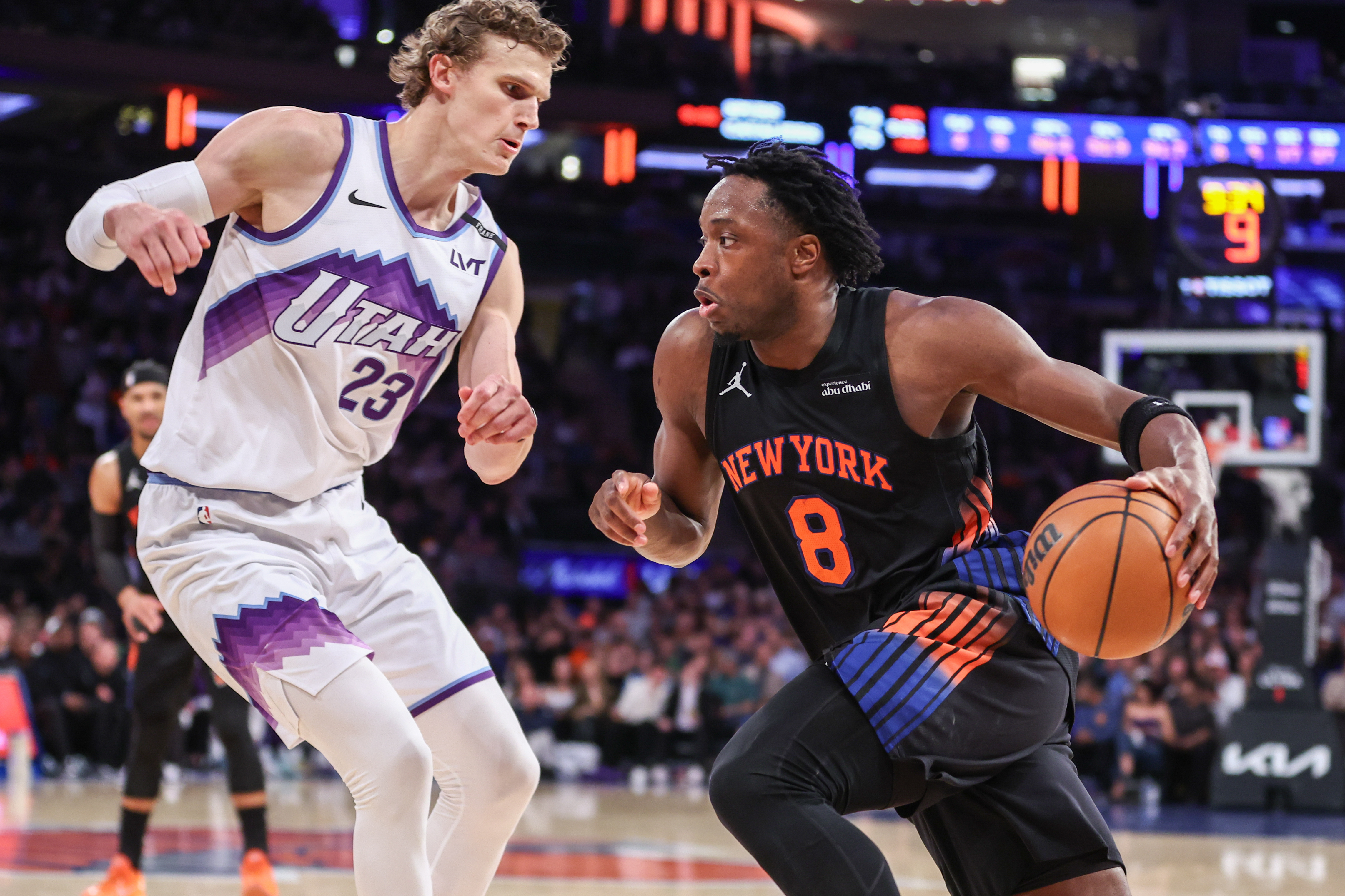 New York Knicks forward OG Anunoby (8) drives as part of our Knicks vs. Pacers player props.