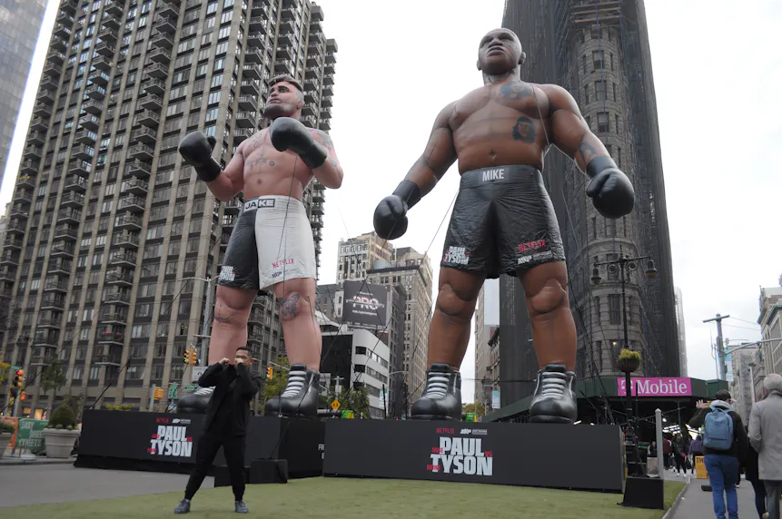 Balloons of Jake Paul, left, and Mike Tyson, right, as we look at BetMGM suggesting it could be its most bet-on boxing match ever.