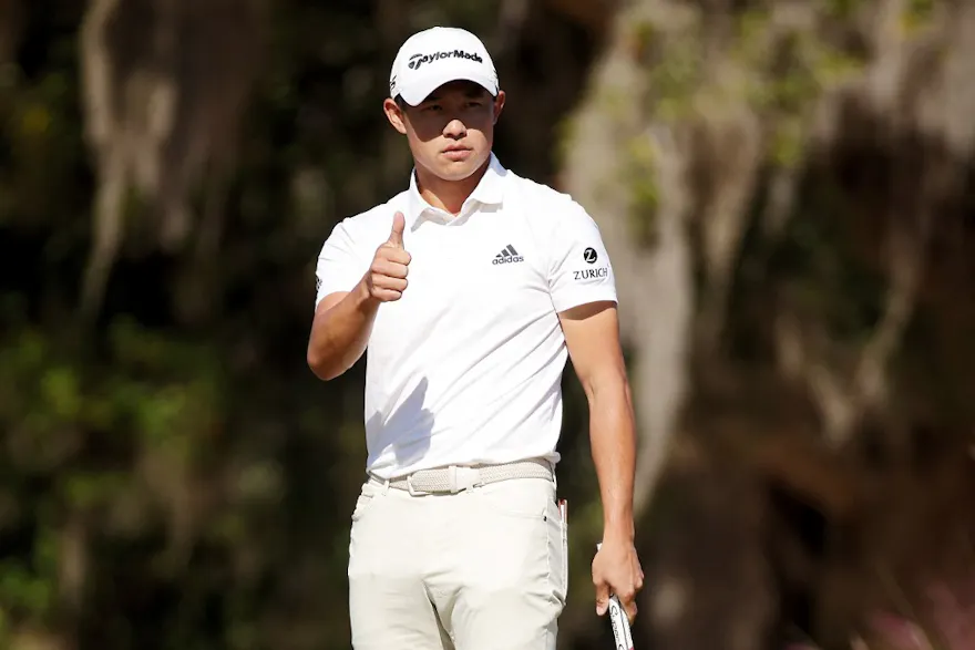 Collin Morikawa of the United States reacts to a putt on the sixth hole during the second round of the CJ Cup at Congaree Golf Club on October 21, 2022 in Ridgeland, South Carolina.