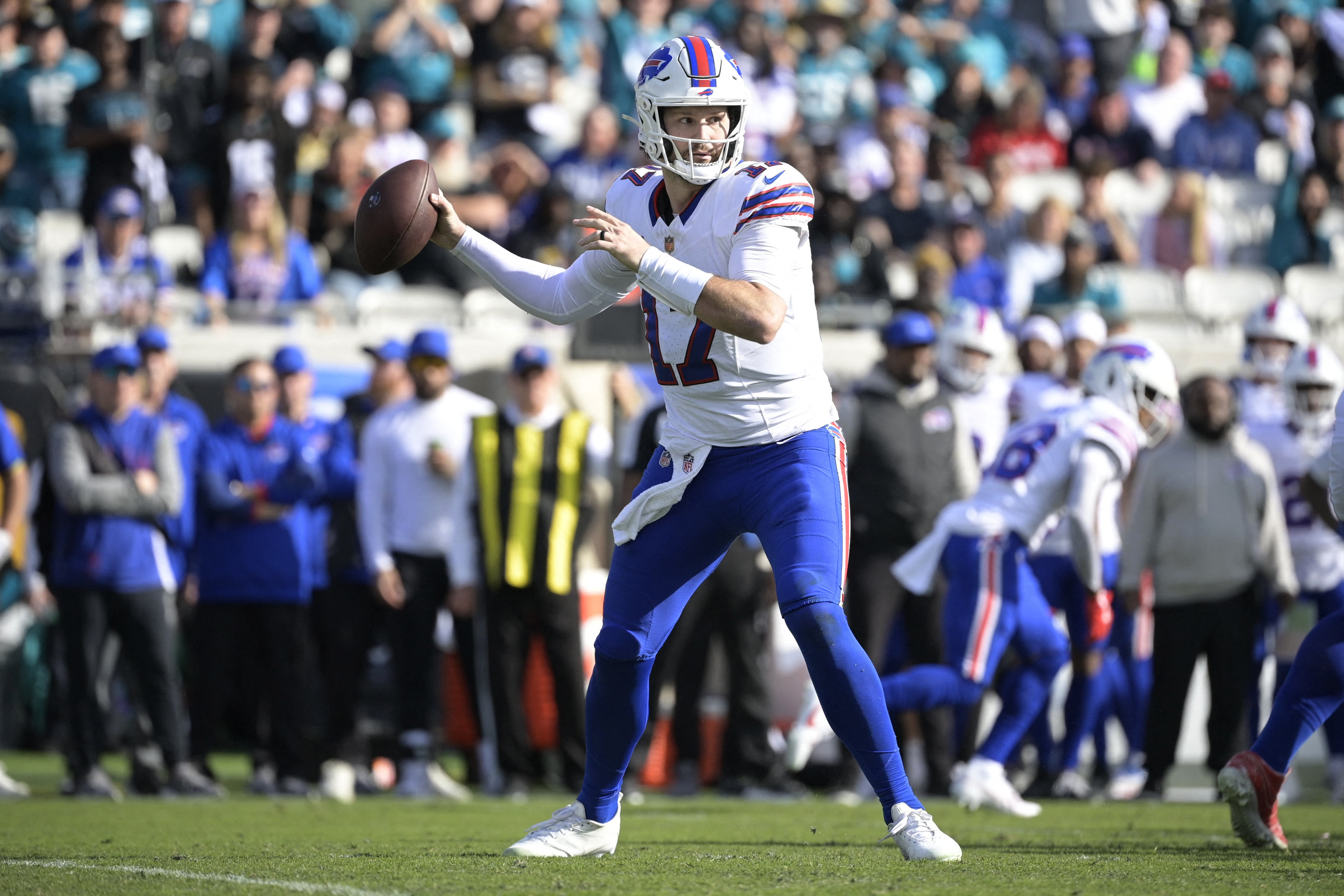 Buffalo Bills quarterback Josh Allen (17) throws the ball as we break down our  Bills vs. Broncos predictions.