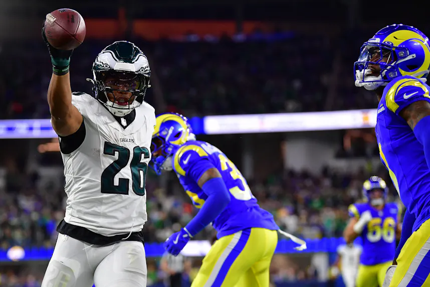 Philadelphia Eagles running back Saquon Barkley (26) reacts as we break down the NFL MVP odds entering Week 13.
