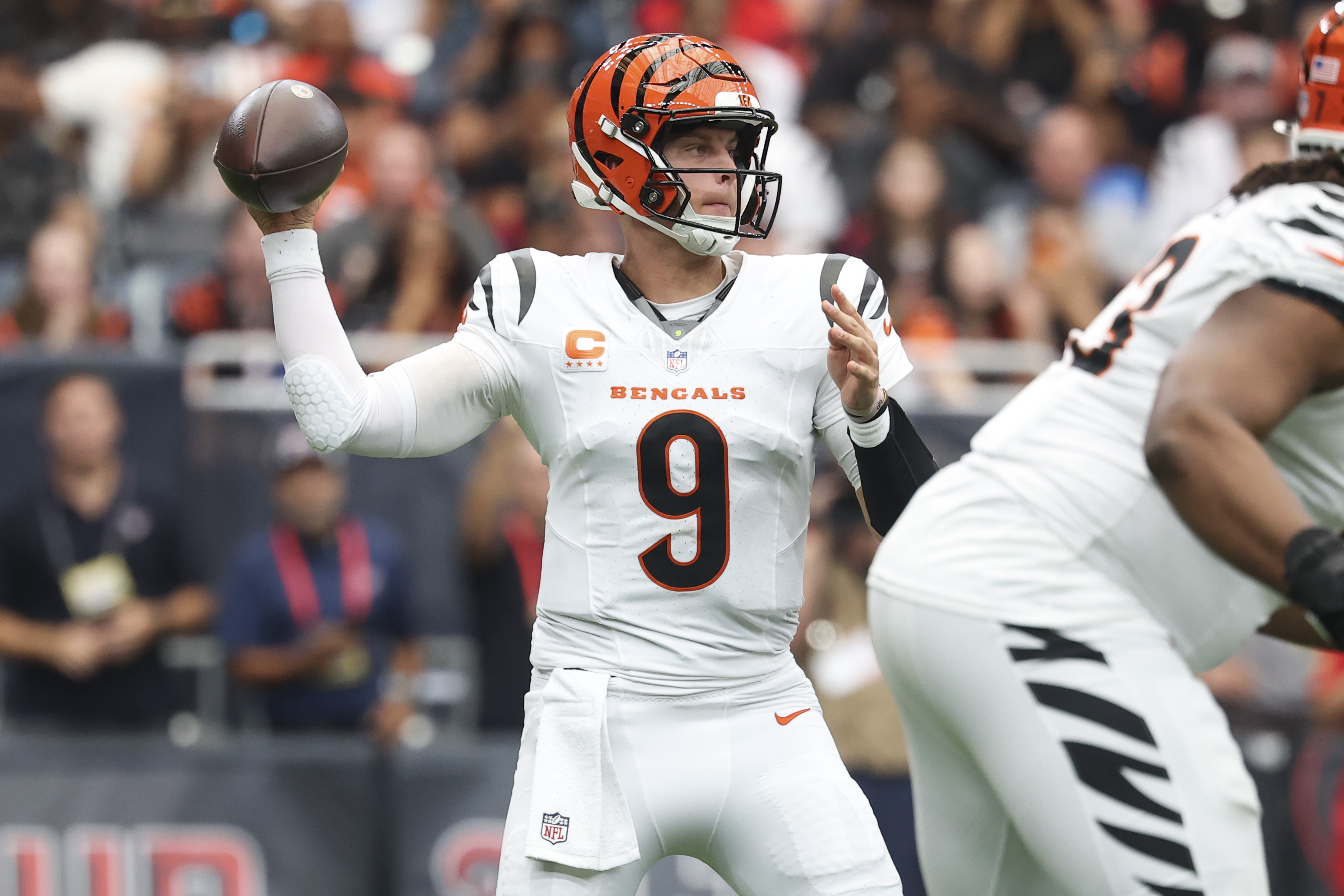 Pictured: Cincinnati quarterback Joe Burrow in action as we break down our Bengals vs. Steelers Prediction. Photo by Troy Taormina-Imagn Images.