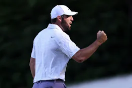 Scottie Scheffler of the United States reacts after making eagle as we look at the best Masters Round 4 odds and picks