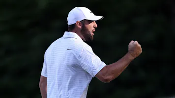 Scottie Scheffler of the United States reacts after making eagle as we look at the best Masters Round 4 odds and picks