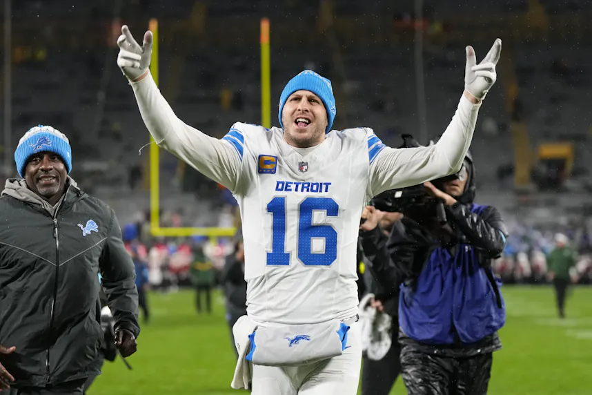 Detroit Lions quarterback Jared Goff (16) celebrates as we examine the Detroit Lions Super Bowl odds.