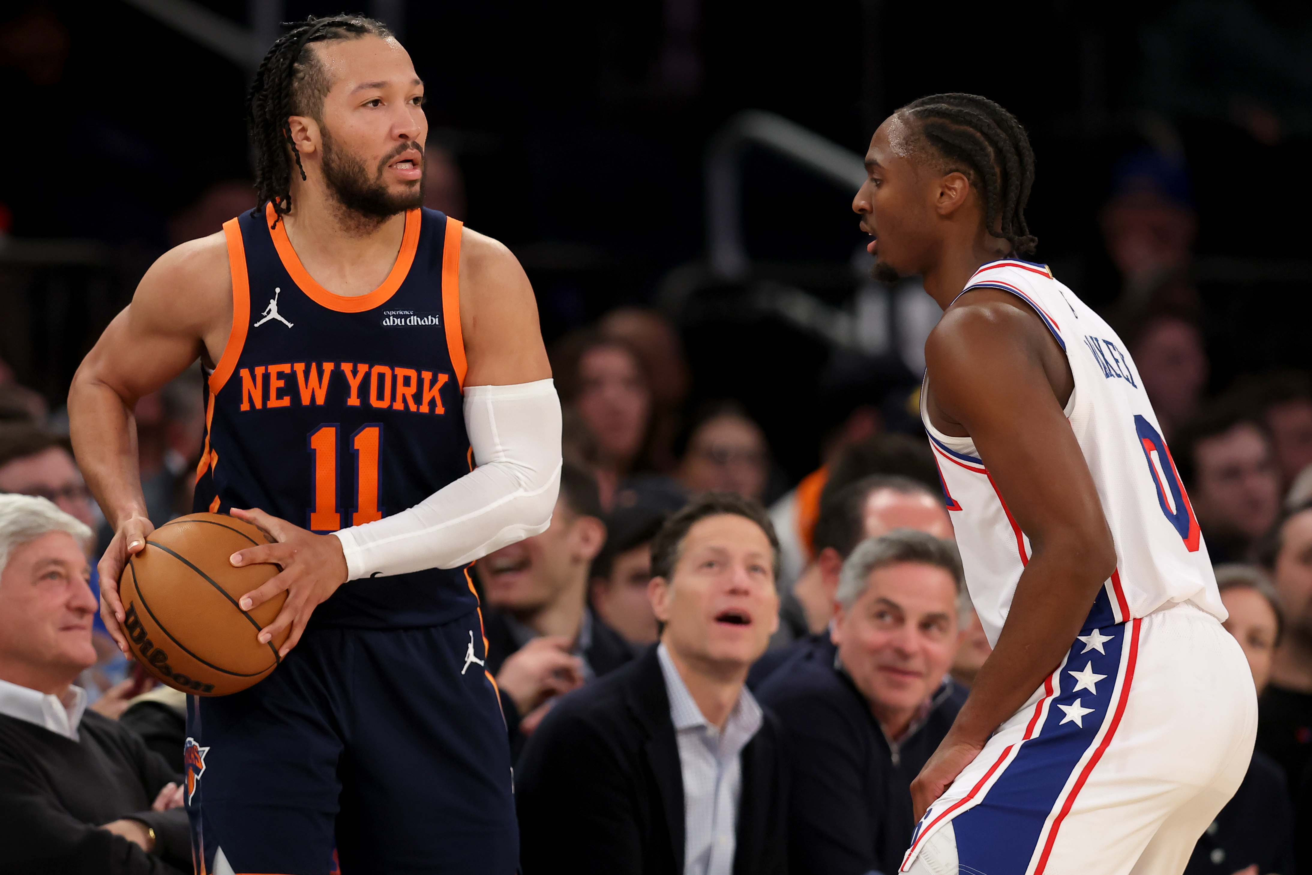 Knicks guard Jalen Brunson (11) looks to inbound the ball against 76ers guard Tyrese Maxey (0) as we offer our 76ers vs. Knicks player props.