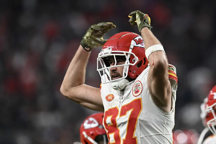 Travis Kelce #87 of the Kansas City Chiefs reacts to a play as we offer our BetMGM bonus code for Chiefs vs. Packers on SNF