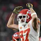 Travis Kelce #87 of the Kansas City Chiefs reacts to a play as we offer our BetMGM bonus code for Chiefs vs. Packers on SNF