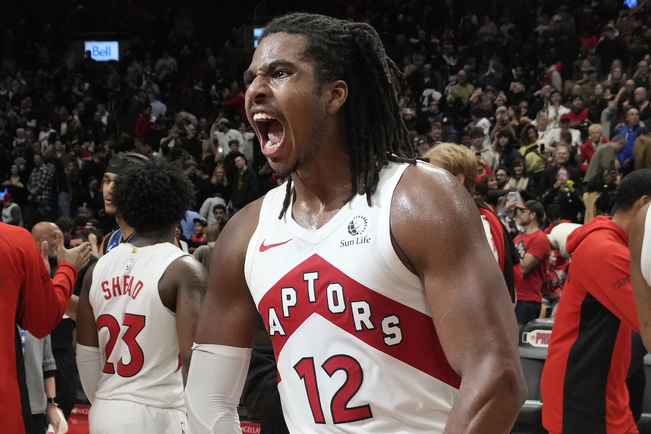 Toronto Raptors forward Collin Murray-Boyles reacts after a win as we look at the Ontario online gambling revenue surpassing $4 billion.