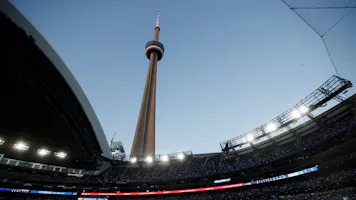 Kevin Gausman of the Toronto Blue Jays pitches against the Detroit Tigers in the fourth inning of their MLB game at Rogers Centre.