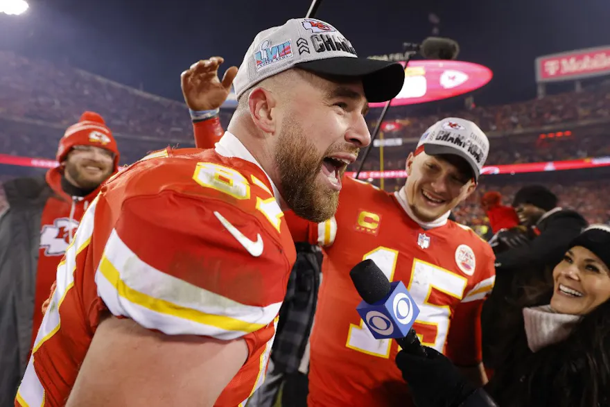 Travis Kelce and Patrick Mahomes of the Kansas City Chiefs celebrate after defeating the Cincinnati Bengals in the AFC Championship Game, and we offer new U.S. bettors our exclusive bet365 bonus code for the Big Game on Sunday.