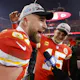 Travis Kelce and Patrick Mahomes celebrate the Chiefs' AFC Championship victory and our new featured in our Super Bowl SGP predictions.
