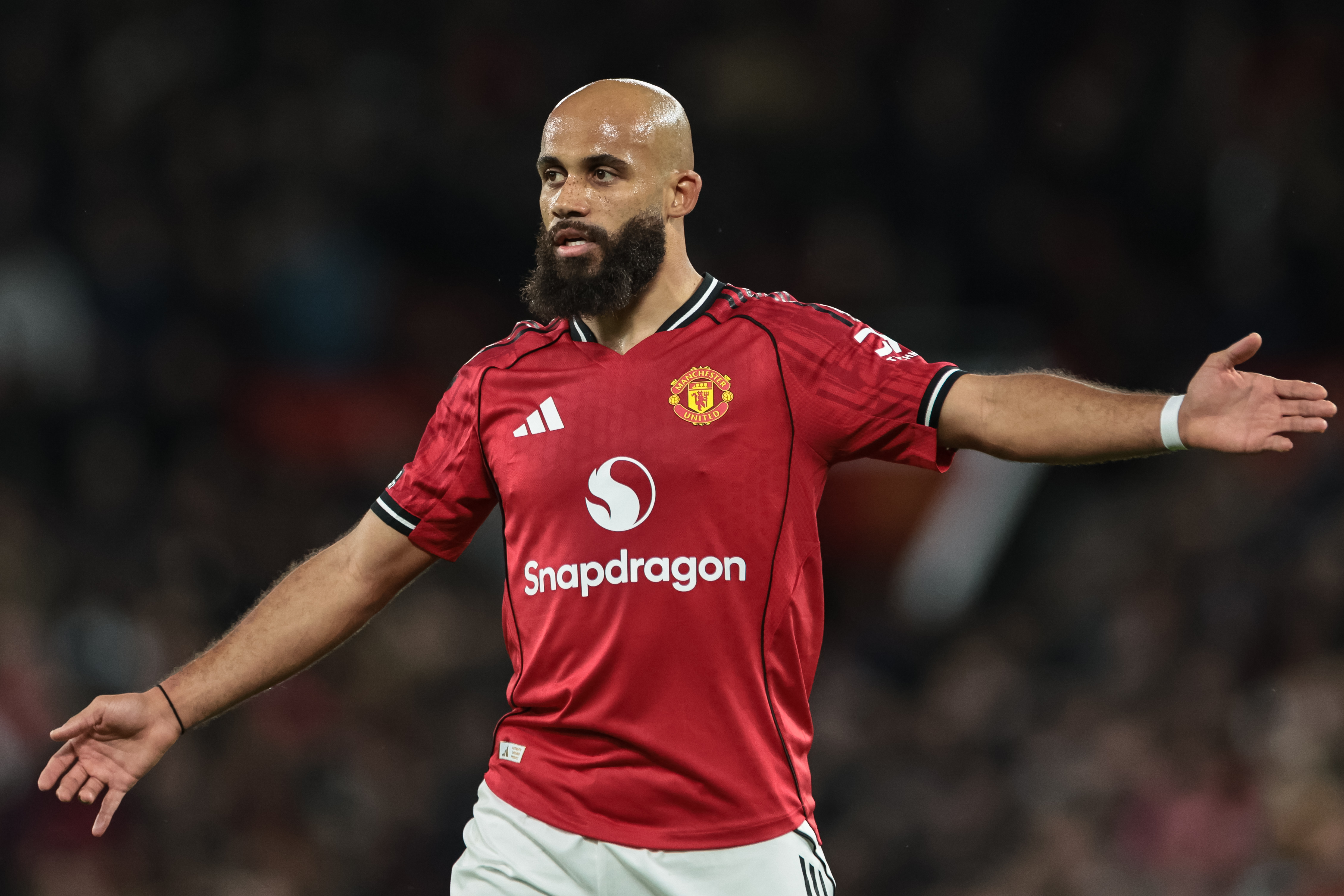 Bryan Mbeumo of Manchester United reacts as we offer our Aston Villa vs. Manchester United prediction.